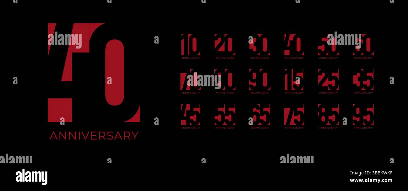 Geometric Red Anniversary Number impostato su sfondo nero con la moderna tipografia per pietre miliari da 10 a 95 anni. Ideale per feste Illustrazione Vettoriale