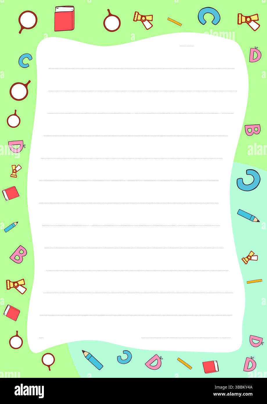 Carino design di carta da cancelleria con lettere alfabetiche e forniture scolastiche perfetto per i bambini Note e disegni Illustrazione Vettoriale