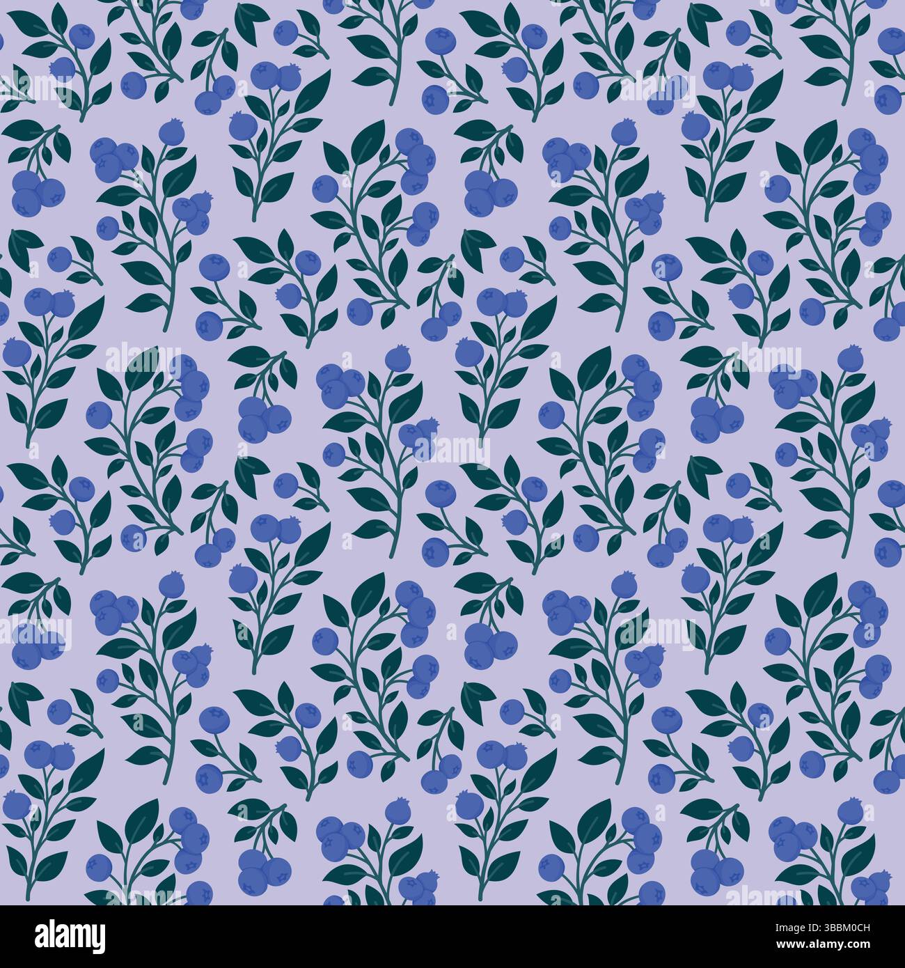 Motivo senza cuciture Blueberry maturo con rami, bacche e foglie su sfondo viola chiaro. Succoso Bilberry disegnato a mano Design senza fine per il tessuto Illustrazione Vettoriale