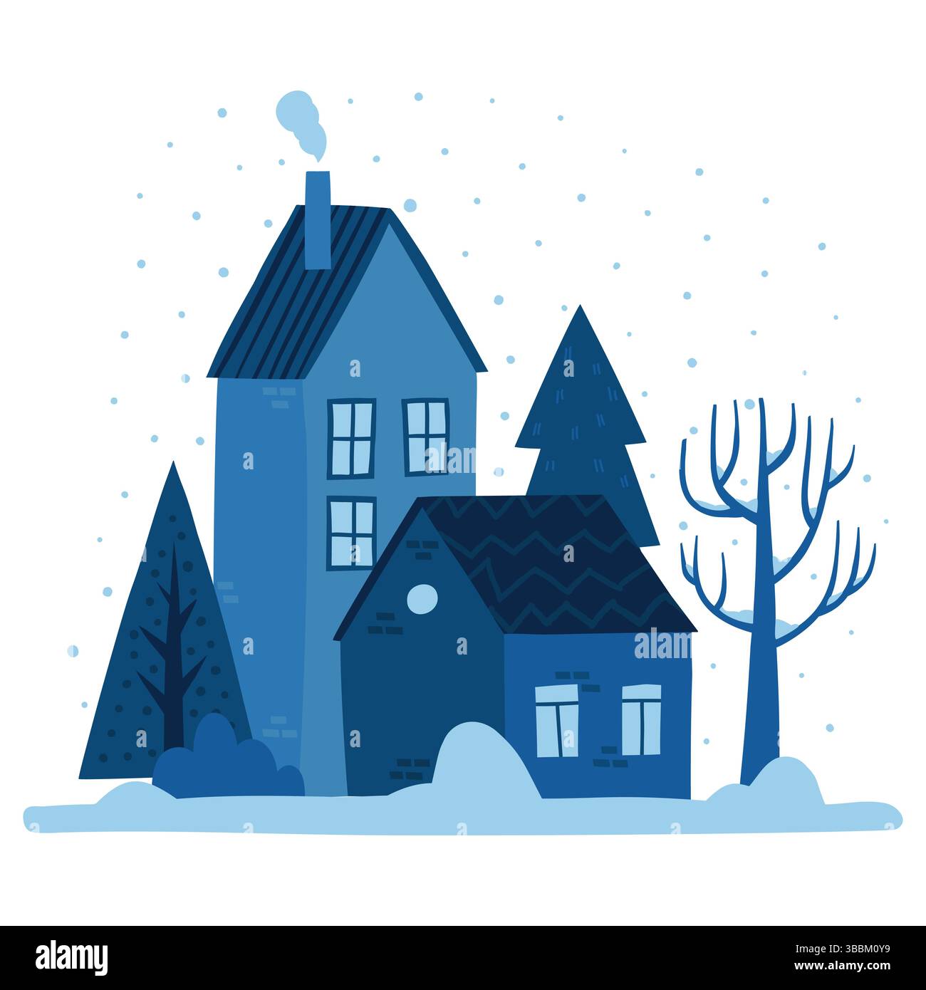 Paesaggio invernale disegnato a mano con graziose piccole case, alberi e Bush. Edifici colorati e accoglienti a Snow with Smoke from Chimney Illustrazione Vettoriale