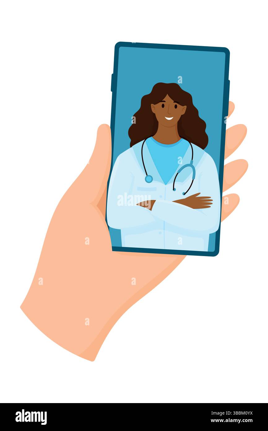 Concetto di telemedicina. Mano che tiene lo smartphone con l'app clinica online. Videochiamata con una dottoressa nera Illustrazione Vettoriale
