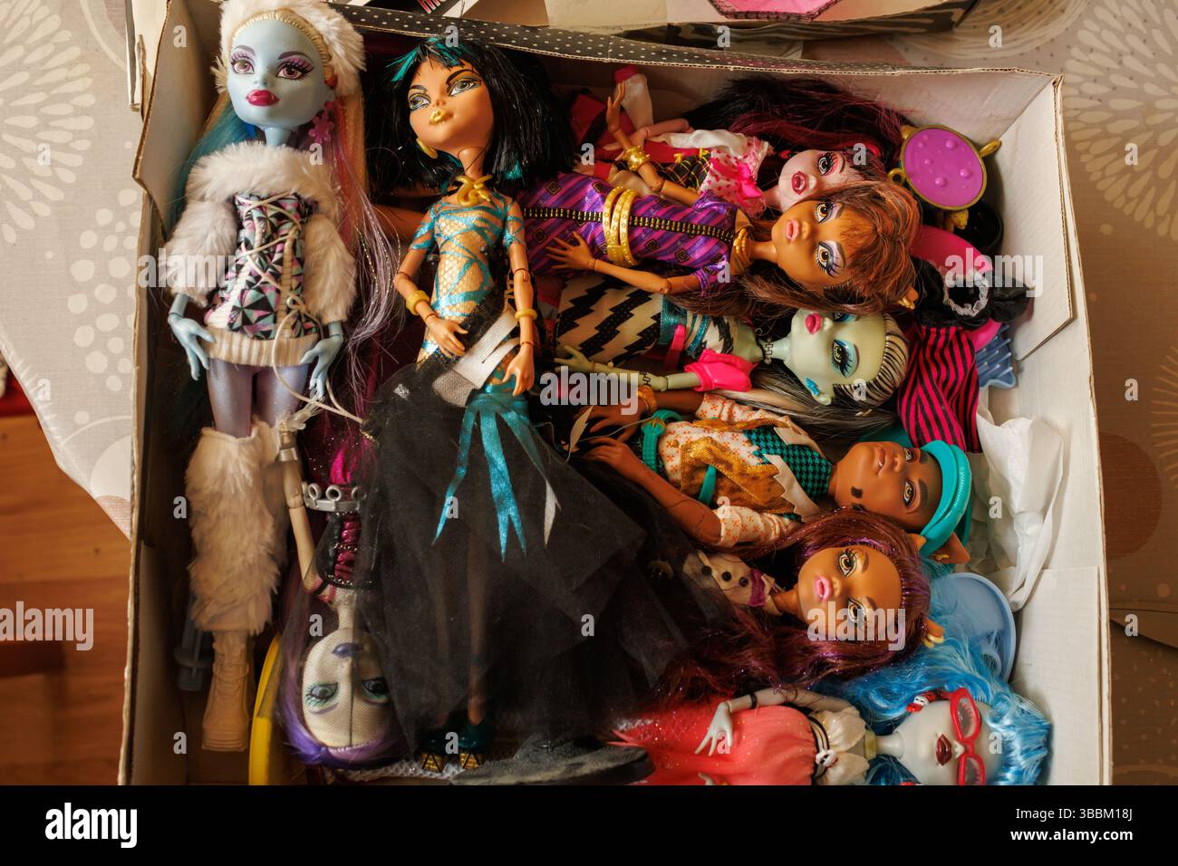 Alcoy, Spagna, 14-05-2025: Collezione di bambole vintage Monster High in scatola di cartone Foto Stock