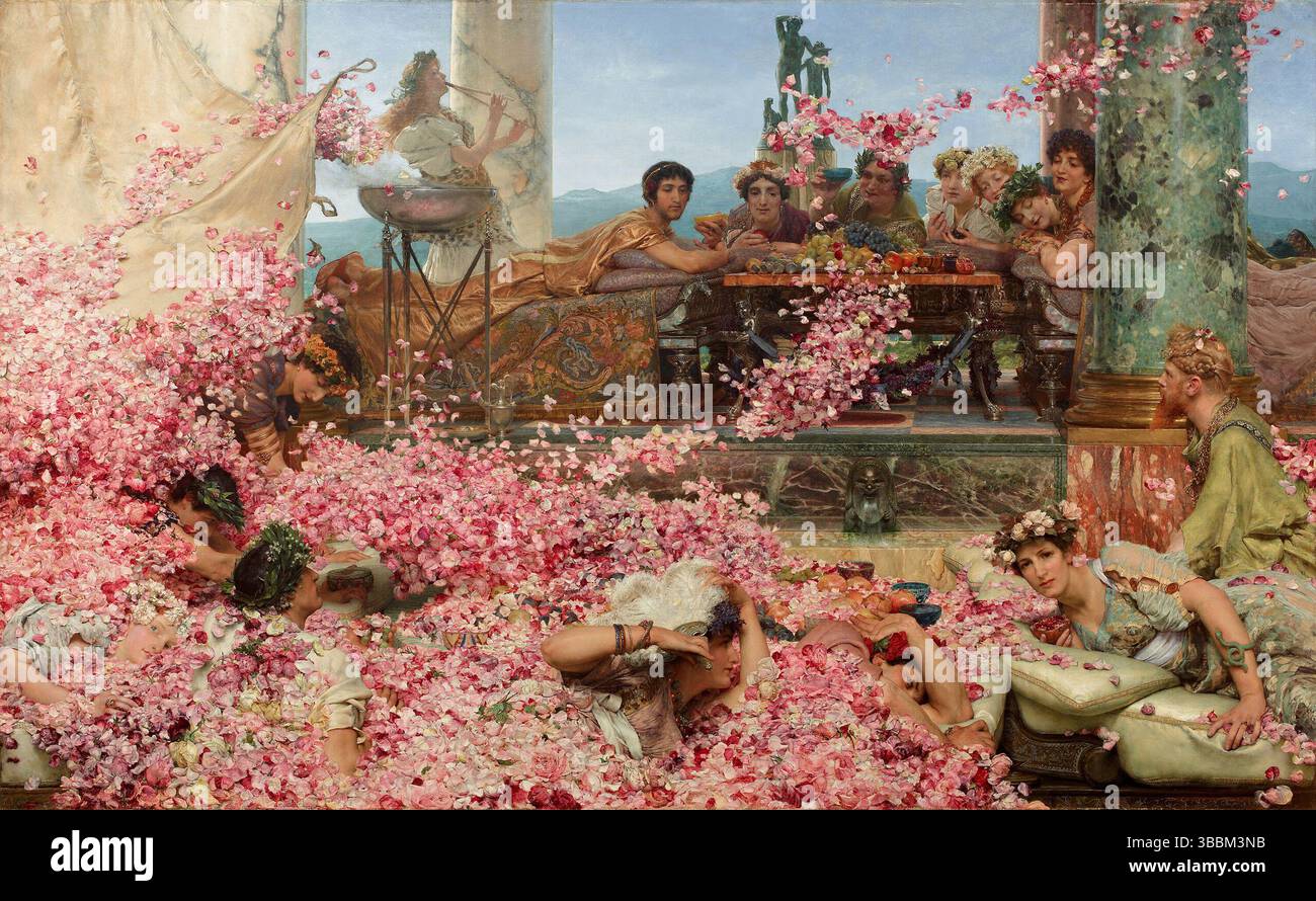 Le rose di Heliogabalus è un dipinto ad olio dell'artista anglo-olandese Sir Lawrence Alma-Tadema, del 1888. Raffigura il giovane imperatore romano Elagabalo (203–222 d.C.) che ospita un banchetto. È conservato in una collezione privata. Foto Stock