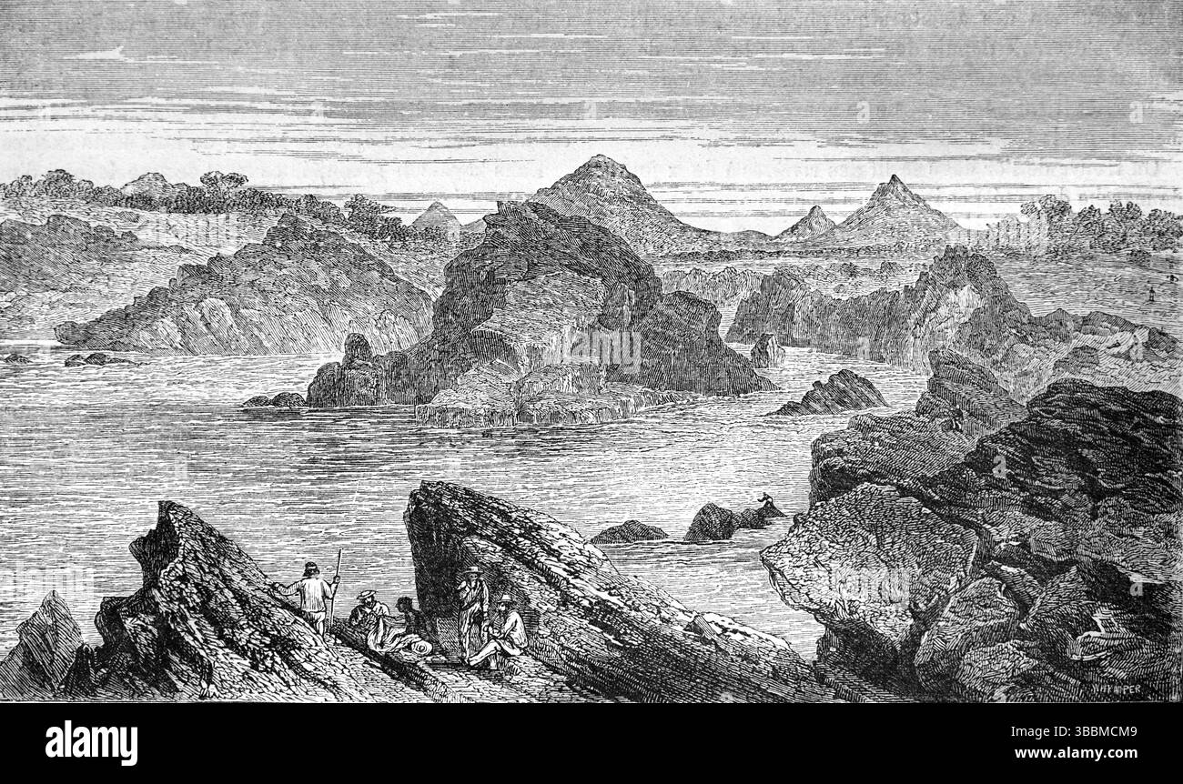 Ex rapide pericolose di Kebrabassa o gola di Kebra bassa sul basso fiume Zambesi in Mozambico. Il fiume fu arginato nel 1974 dalla diga di Cahora bassa che inondò le rapide. Incisione vintage o storica o illustrazione 1866 Foto Stock