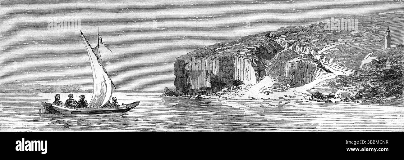 Fiume Danubio, barca a vela, scogliere e sponde del fiume Bulgaria. Incisione vintage o storica o illustrazione 1866 Foto Stock