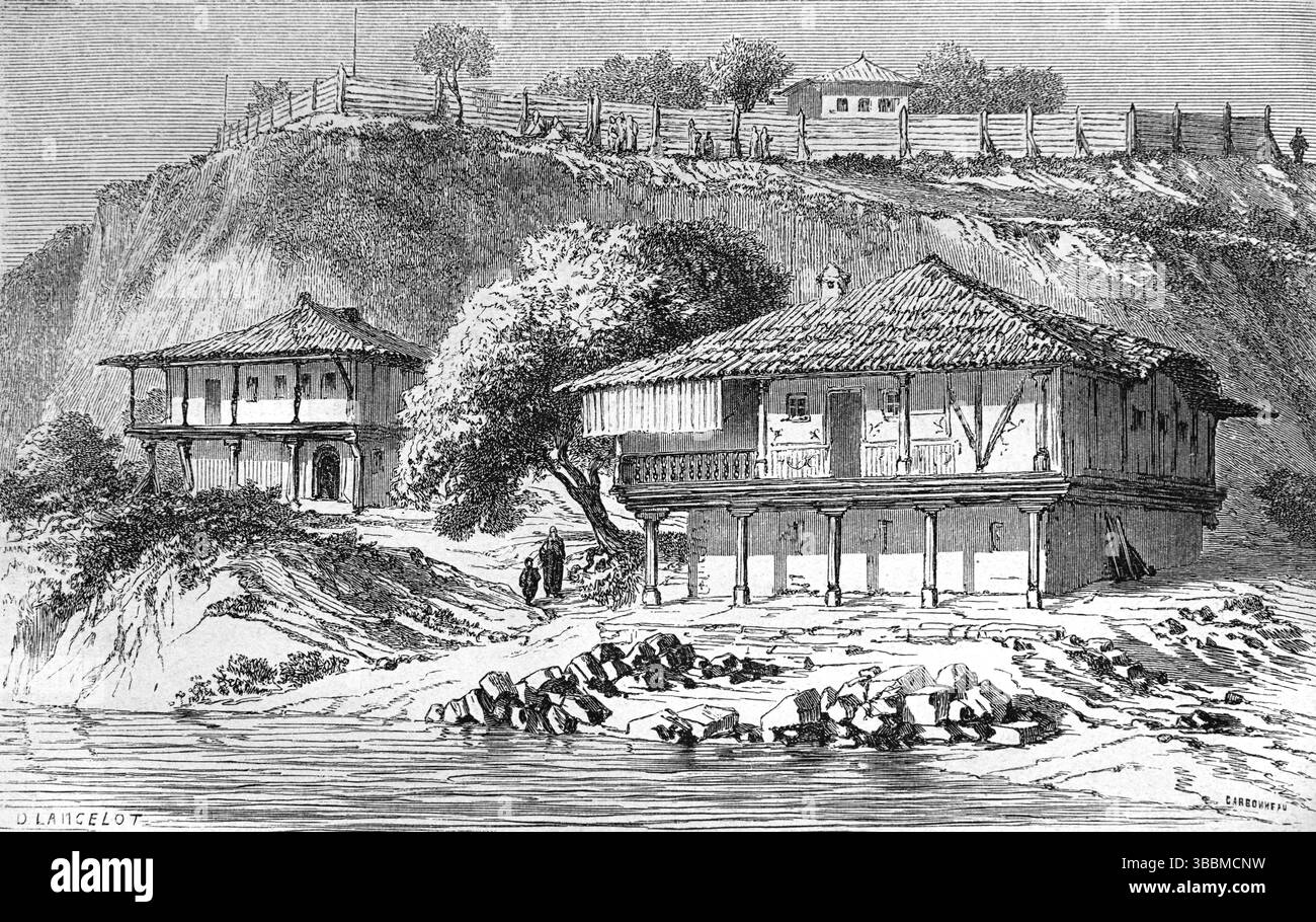 Vista panoramica della tradizionale casa bulgara o della vecchia casa incorniciata in legno sulle rive del Danubio a Ruse (anche nota come russe o Rousse) in Bulgaria. Incisione vintage o storica o illustrazione 1866 Foto Stock