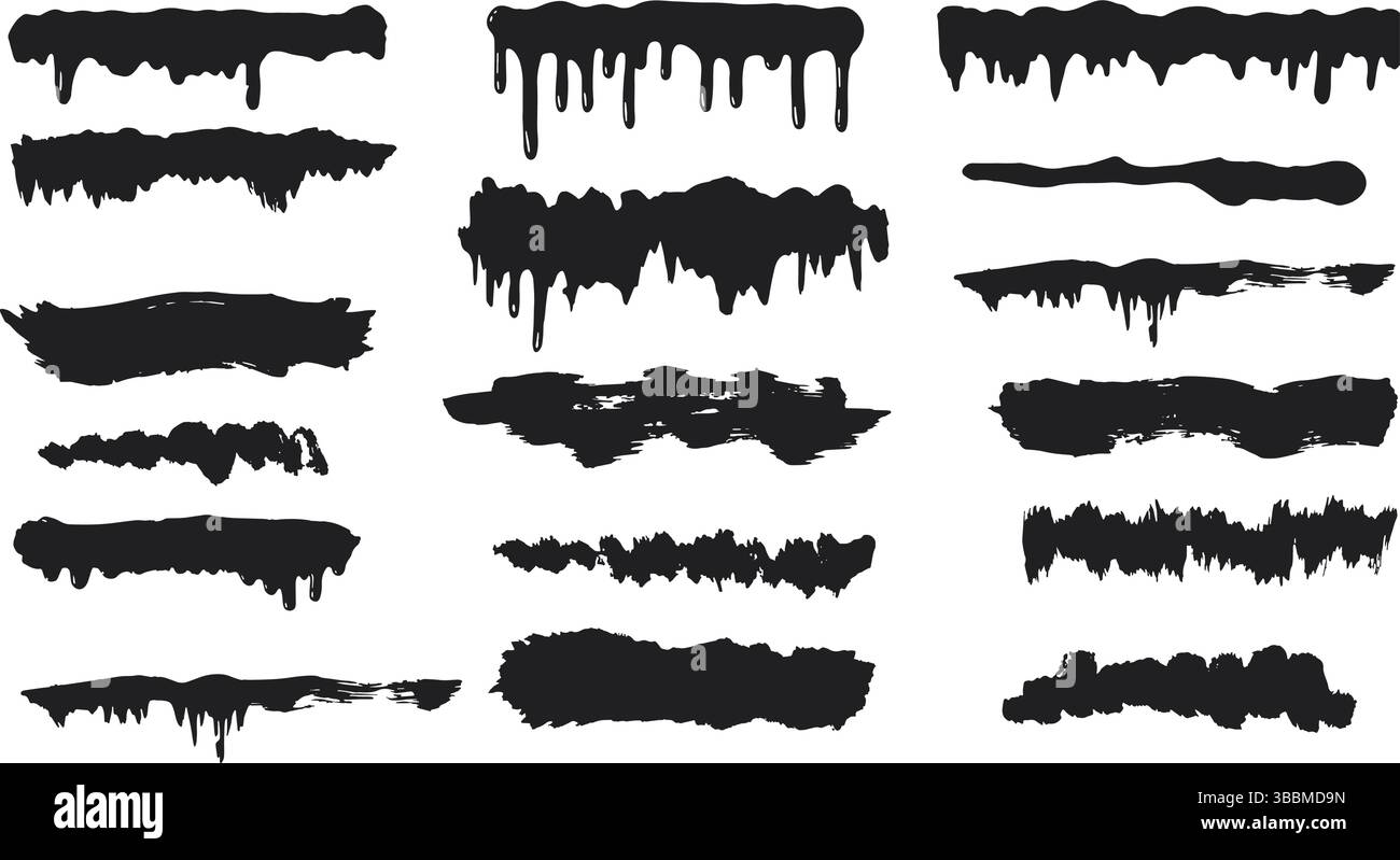 Set vettore traccia pennello fluido e gocce di vernice di fusione nera Illustrazione Vettoriale
