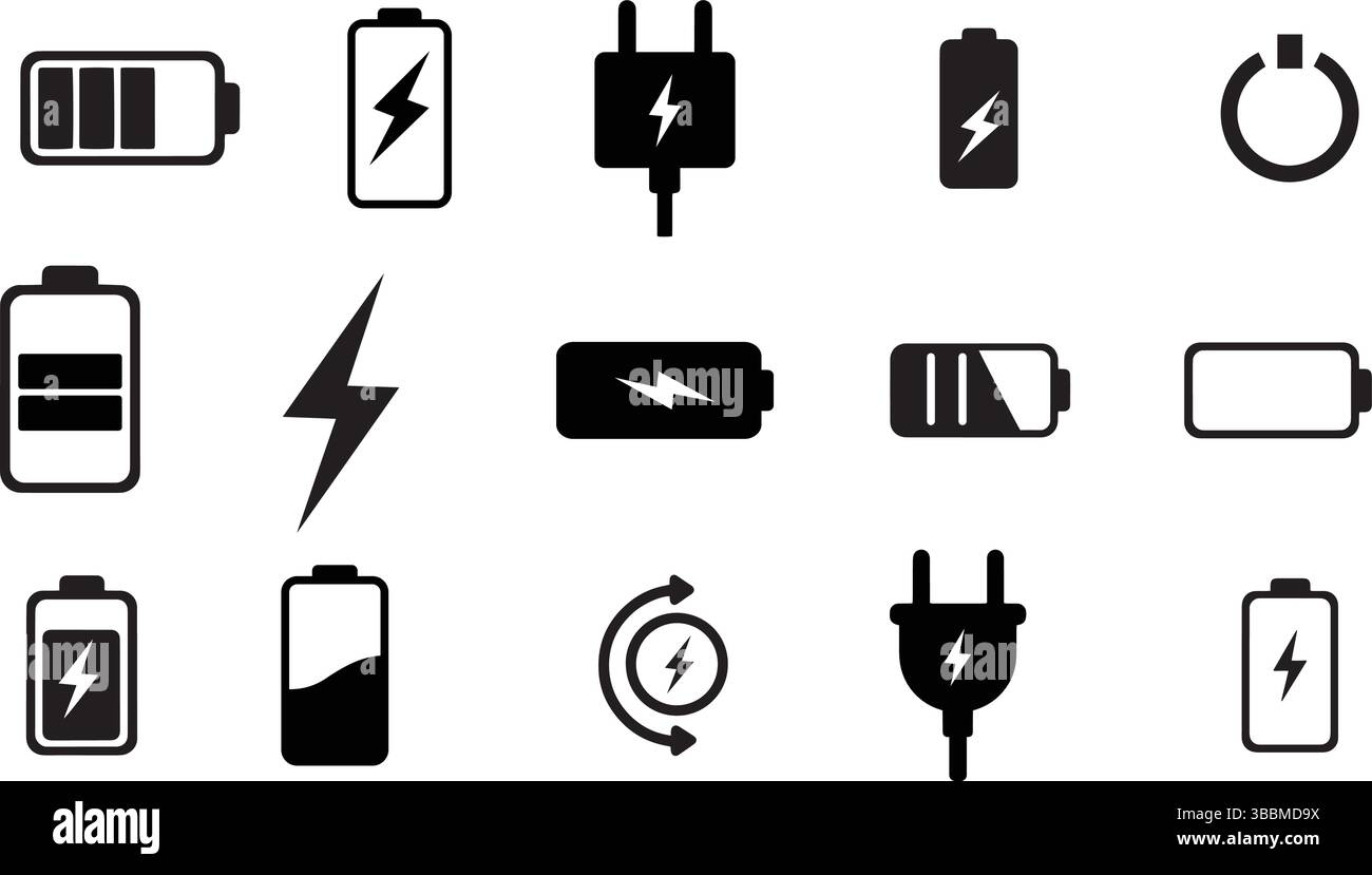 Icone di carica carica batteria carica e simboli del livello di energia Illustrazione Vettoriale