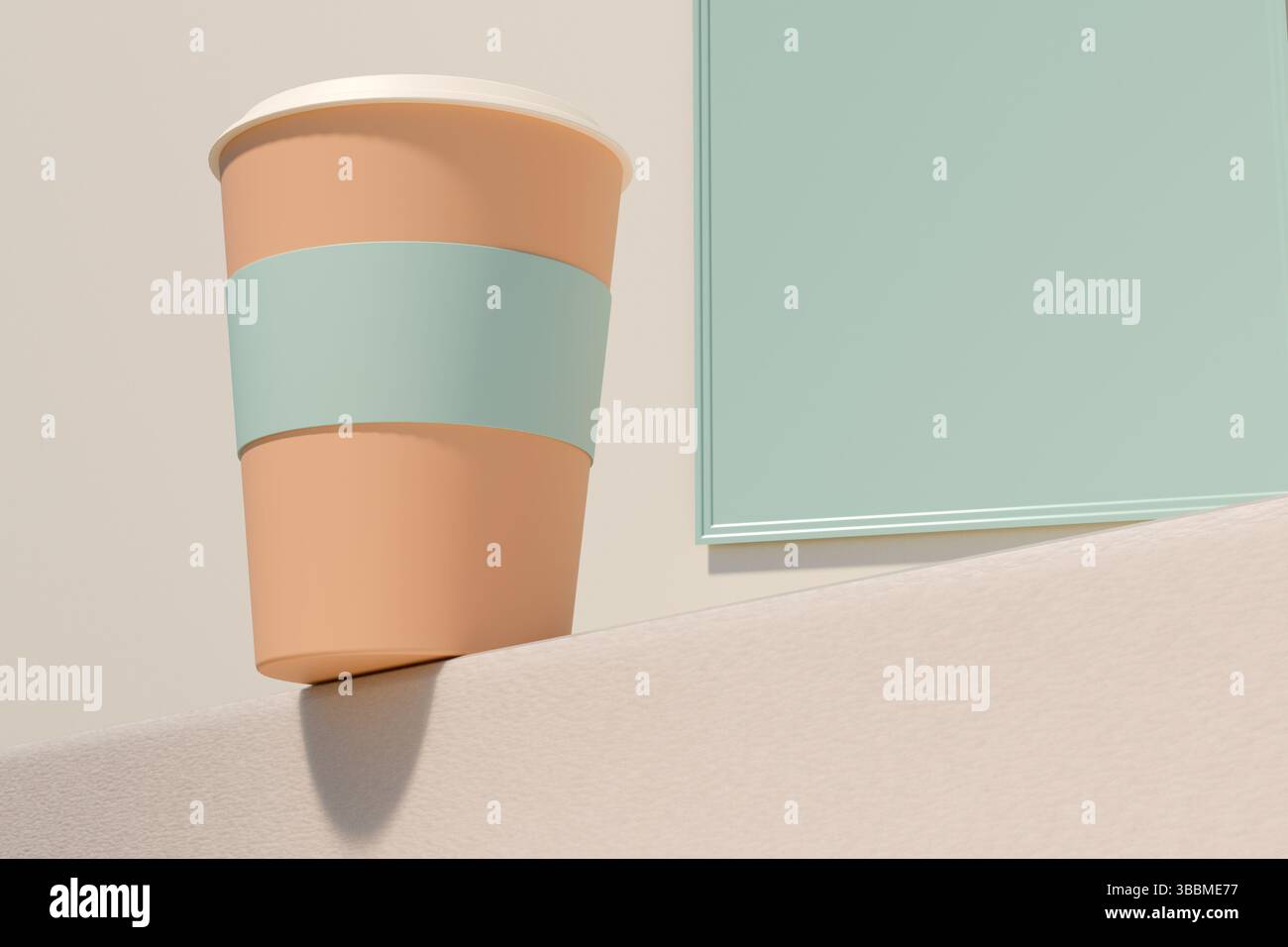 Un'elegante tazza da caffè si appoggia su una superficie liscia e presenta un design moderno. rendering 3d. Foto Stock