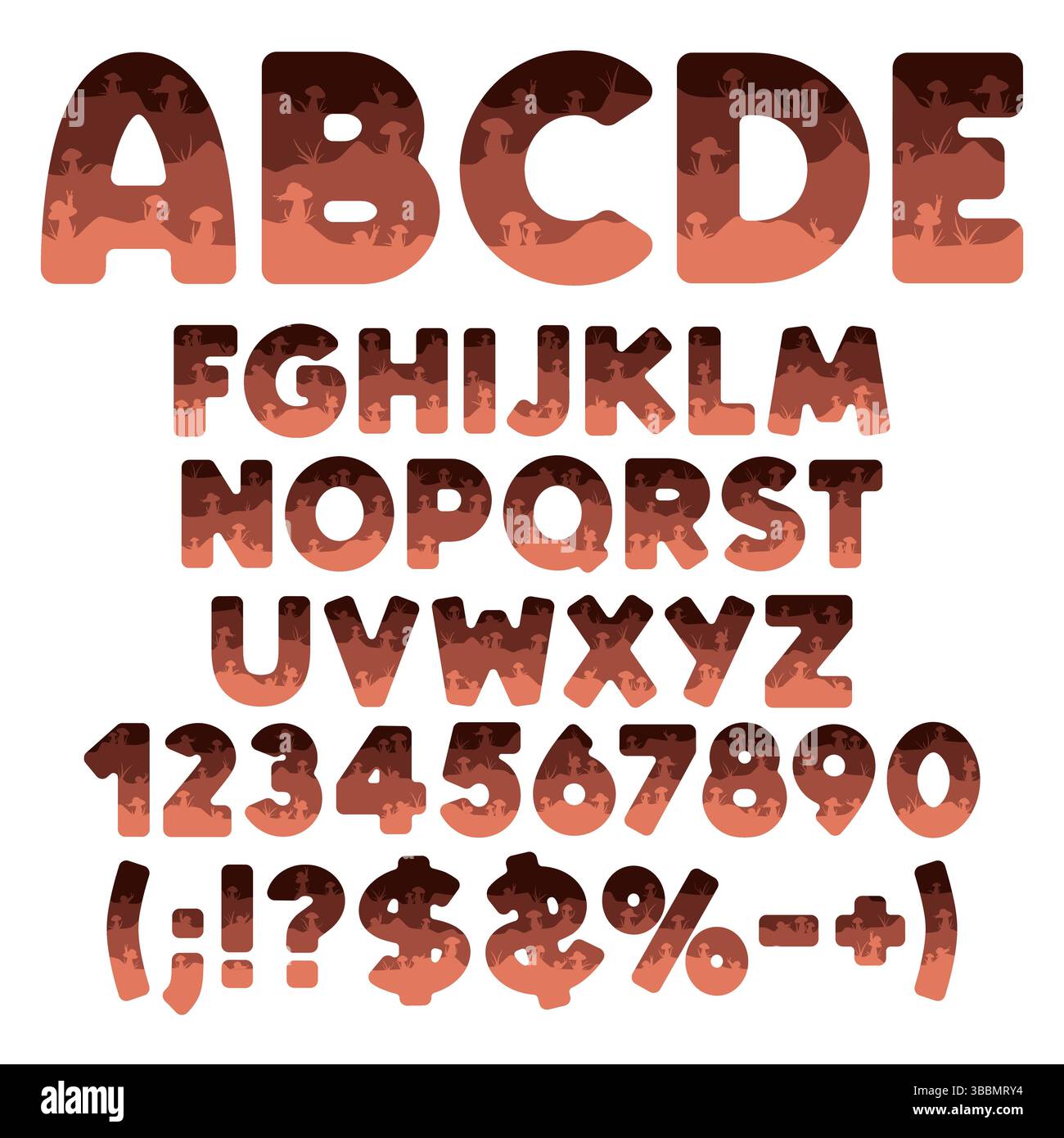 Font, alfabeto, lettera, numero da strati con funghi e lumache. Oggetti vettoriali isolati su sfondo bianco. Illustrazione Vettoriale