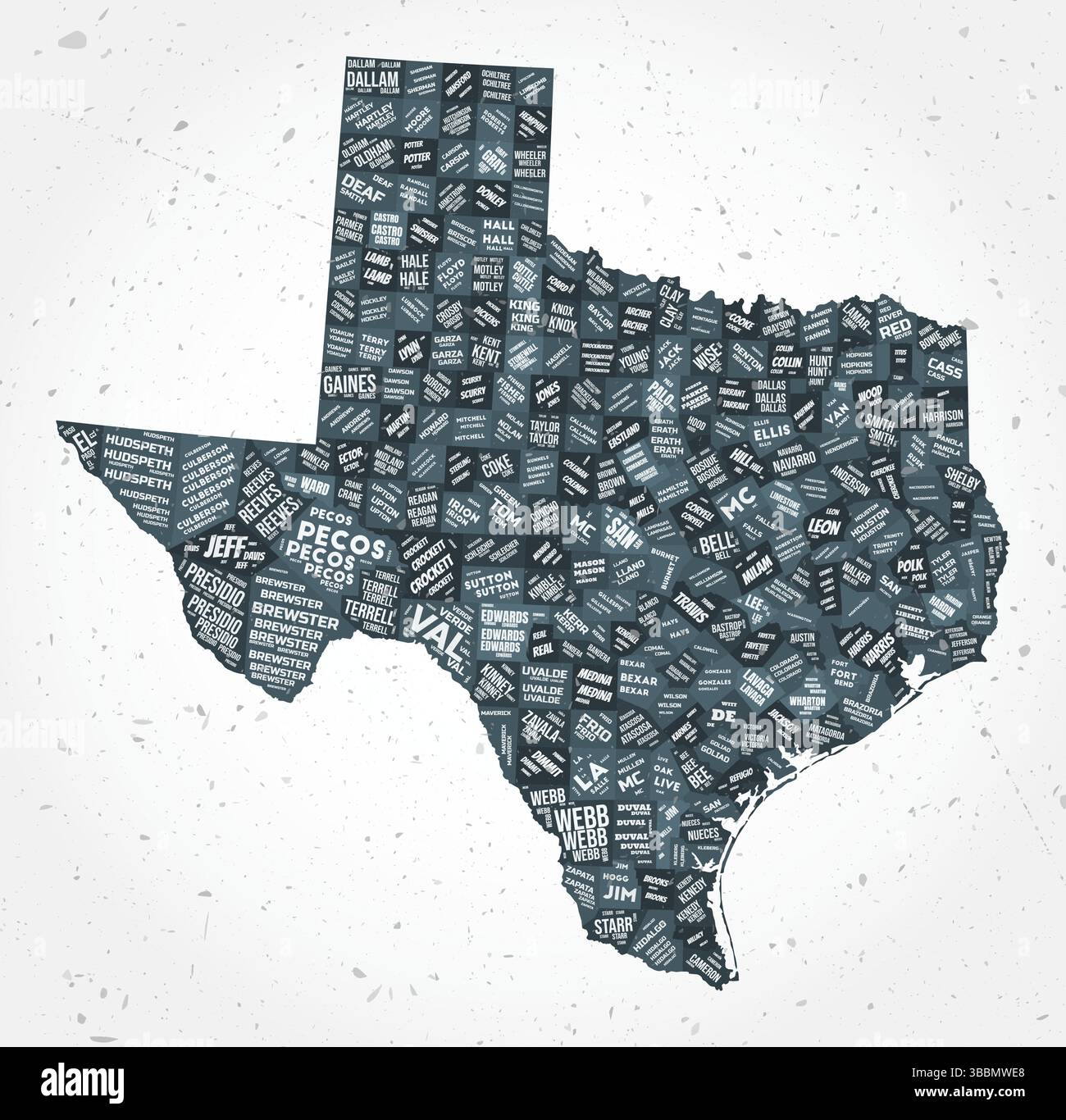 Le nuvole di parole delle contee del Texas. Indicare la forma su sfondo testurizzato. Design texano in stile tipografico. Elegante illustrazione vettoriale. Illustrazione Vettoriale