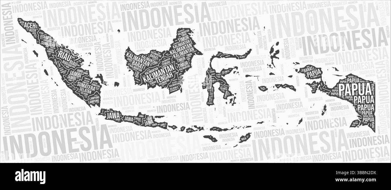 Le regioni indonesiane mappano Word cloud. Nomi delle regioni dell'Indonesia. Design della mappa in bianco e nero. Elegante illustrazione vettoriale. Illustrazione Vettoriale