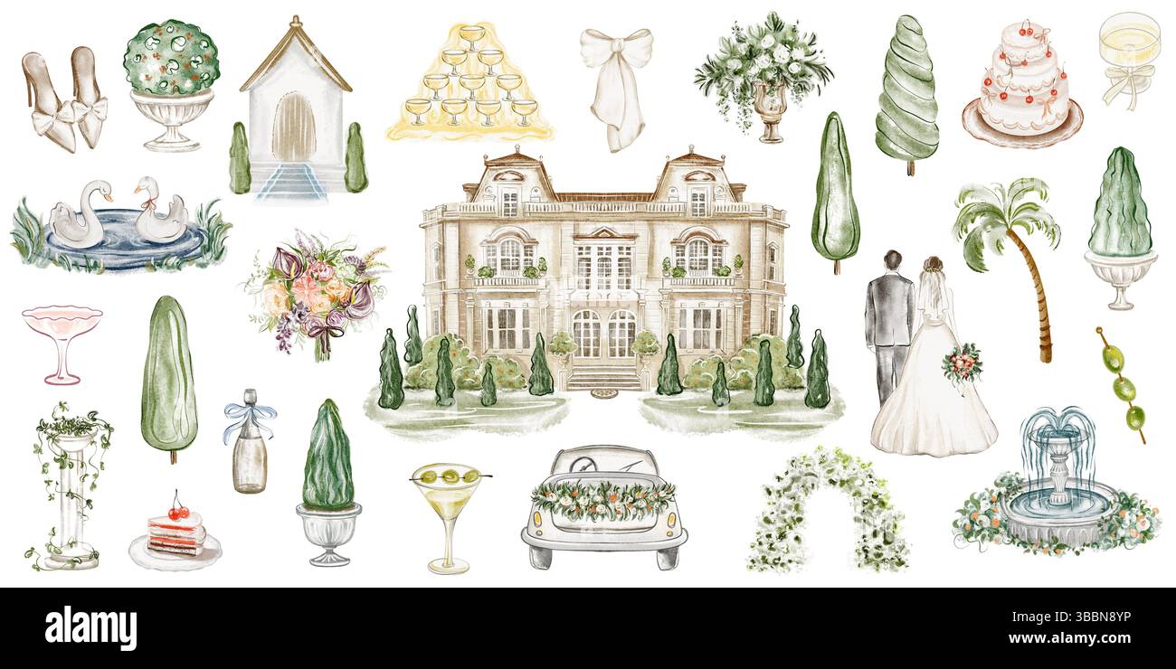 Collezione di romantici elementi acquerelli per matrimoni Foto Stock