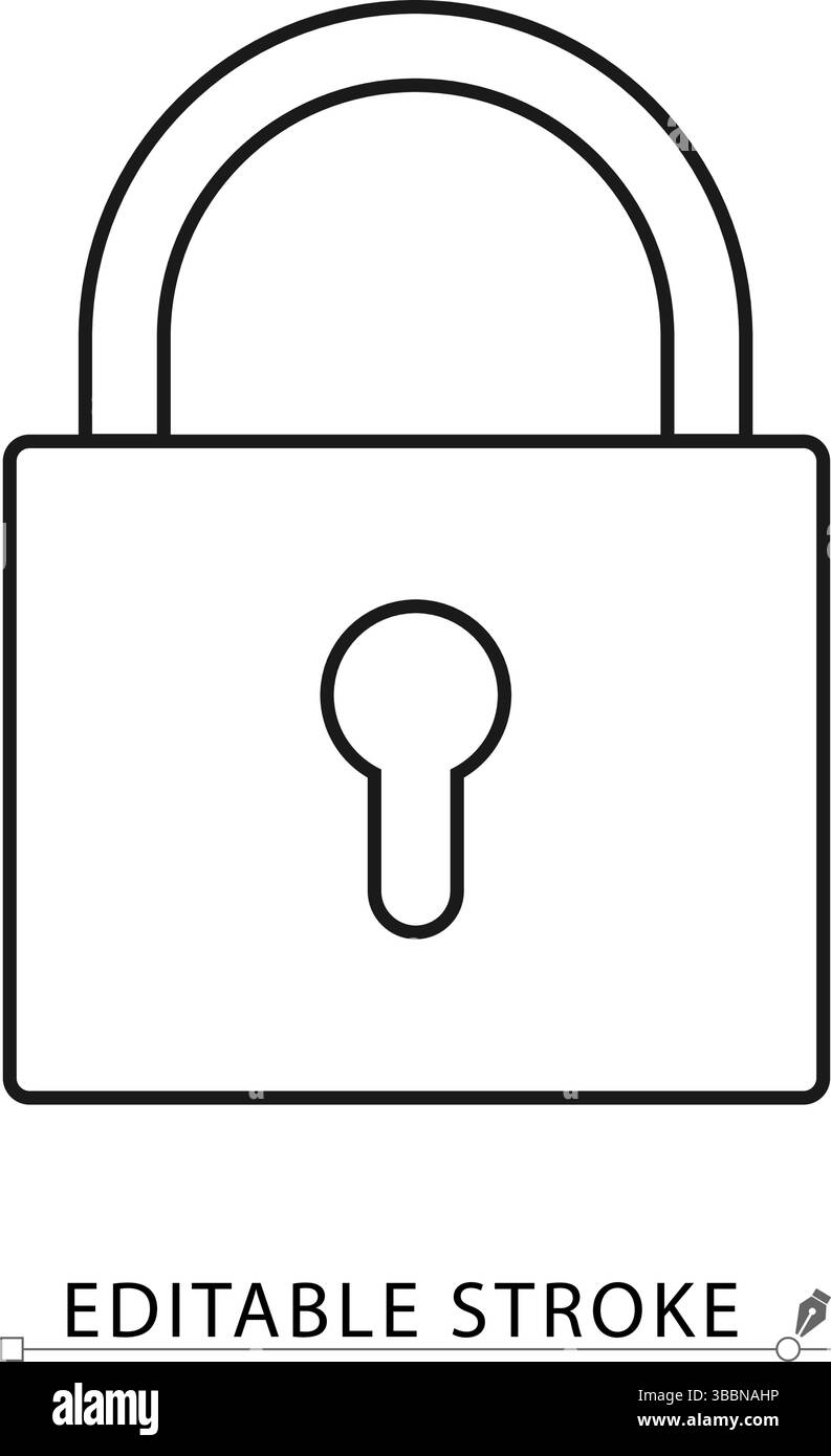 Icona con lucchetto chiuso con contorno nero minimale su sfondo bianco. Vettore di traccia modificabile per sicurezza, privacy, protezione, limitazione dell'accesso Illustrazione Vettoriale