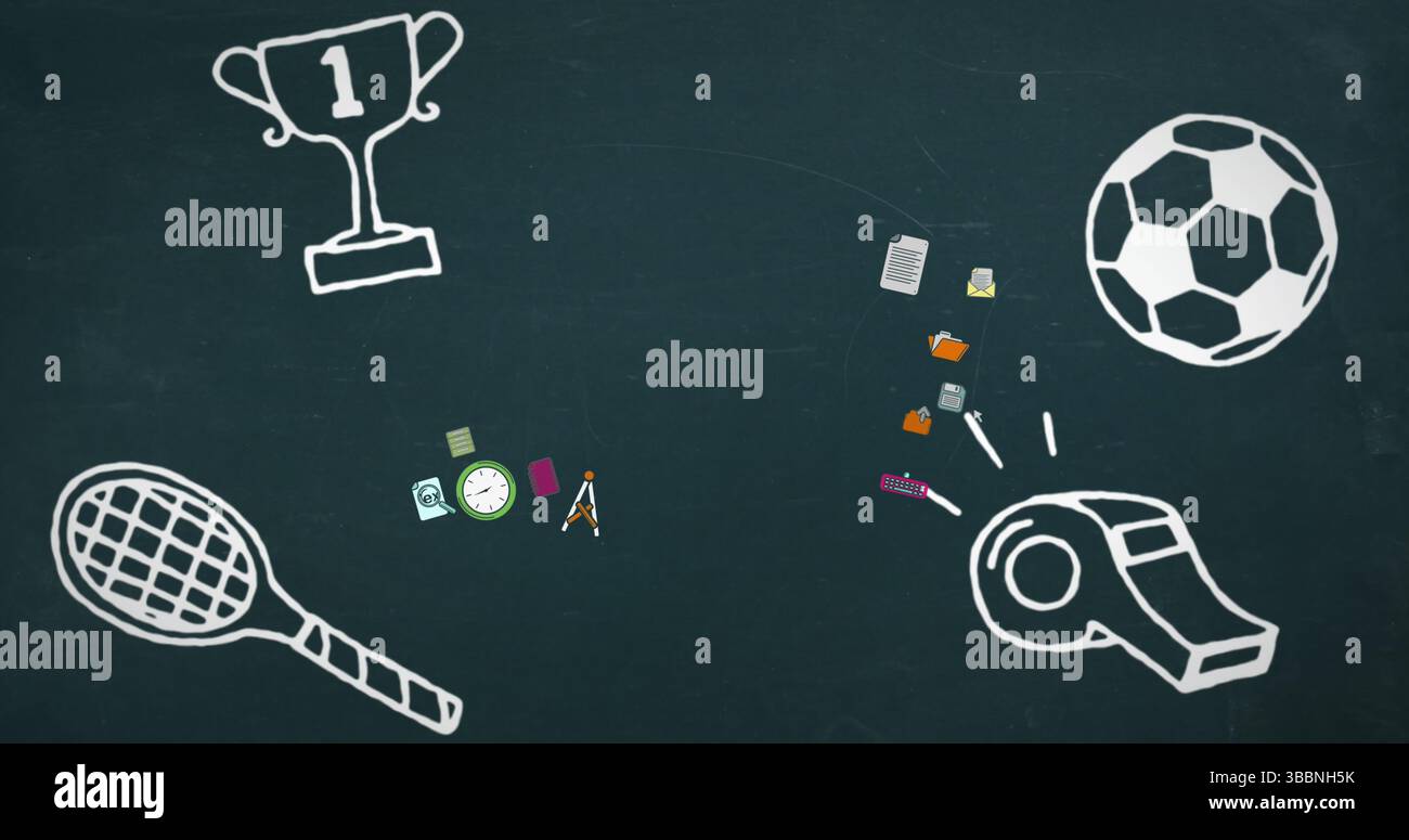 Disegni sportivi sulla lavagna con trofeo, palla, racchetta, fischio in classe, con icone digitali Foto Stock