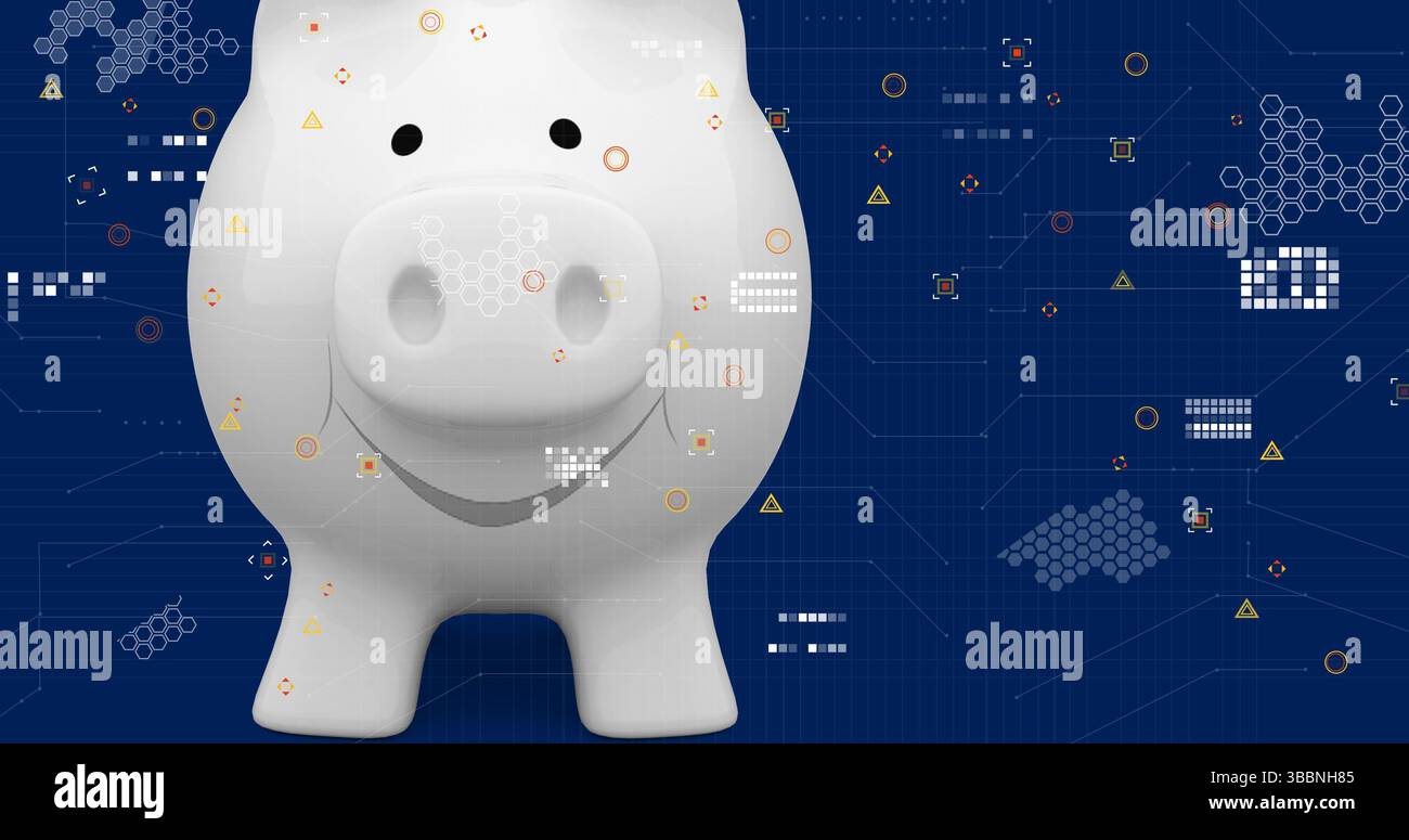Salvadanaio bianco galleggiante che si illumina sullo sfondo della rete digitale, con simboli tecnologici astratti Foto Stock