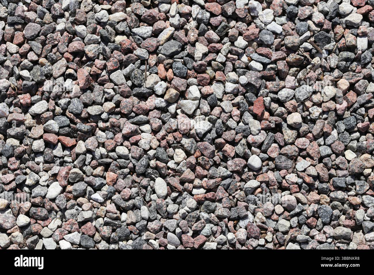 Sfondo con struttura in ghiaia. Piccole rocce frantumate da vicino. Ciottoli multicolori naturali. Superficie esterna ruvida. Modello del materiale da costruzione. Foto Stock