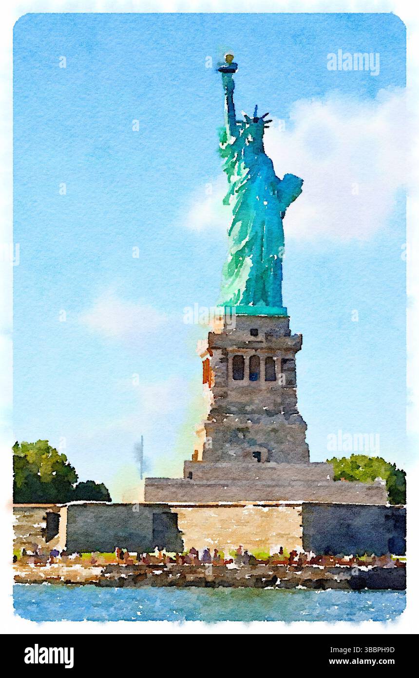 New York/NY/USA - Statua della libertà su Liberty Island con cieli soleggiati e folla di turisti, effetto acquerello Foto Stock