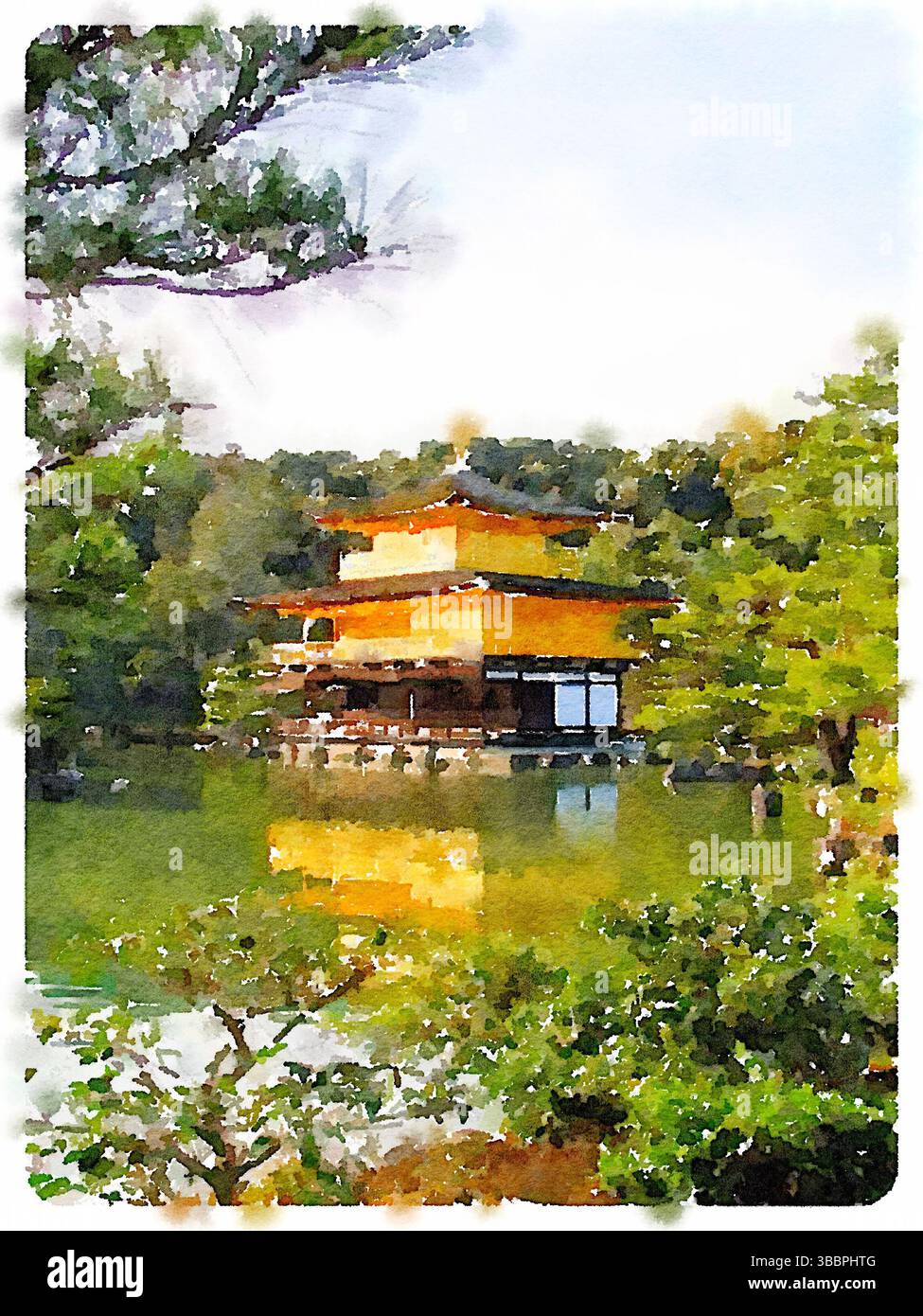Immagine artistica in stile acquerello che cattura i templi storici di Kyoto e gli edifici tradizionali adornati con fiori di ciliegio in primavera. Foto Stock
