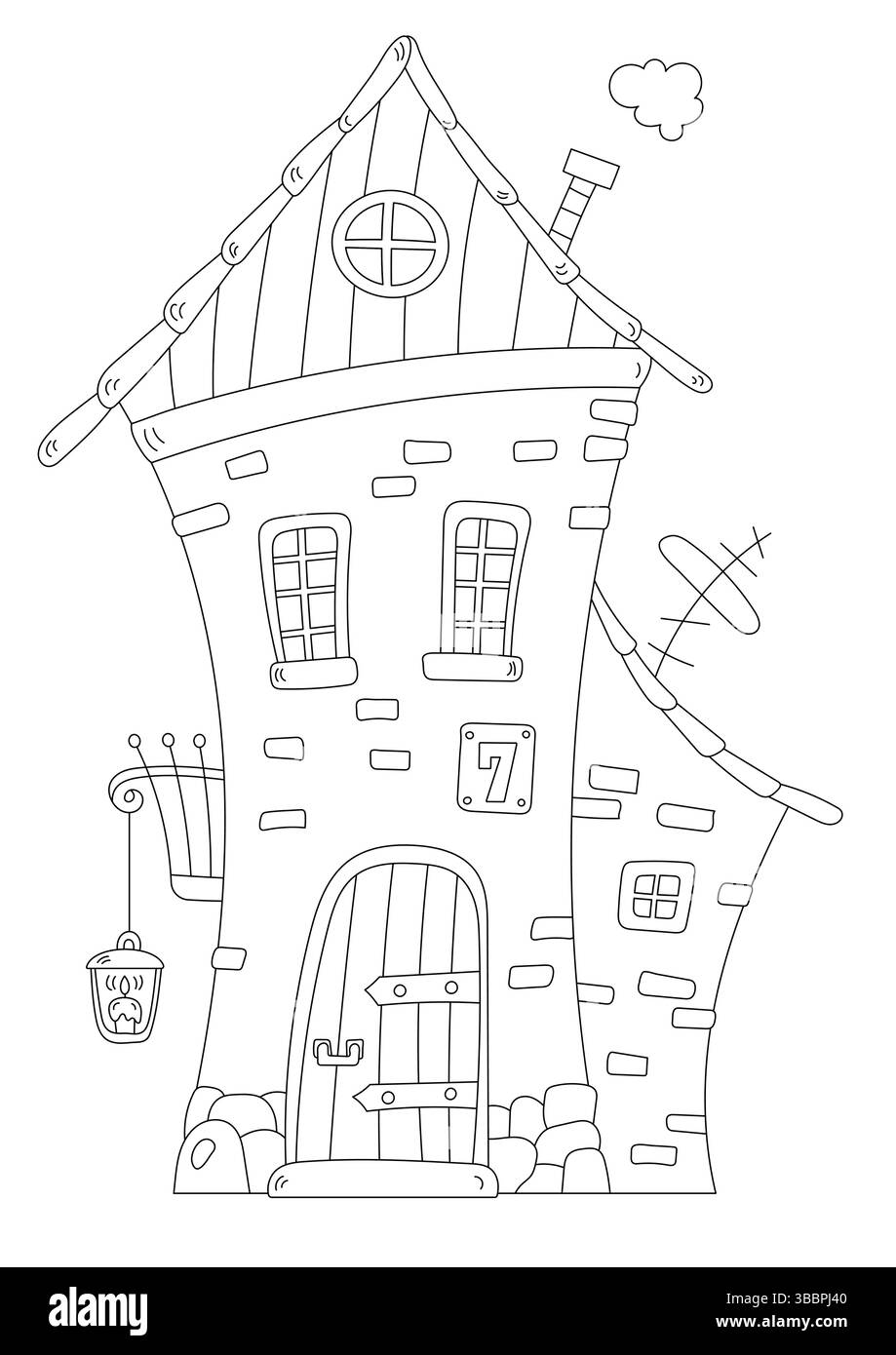 Pagina da colorare per bambini con una casa vecchia e un libro da colorare anti-stress Illustrazione Vettoriale