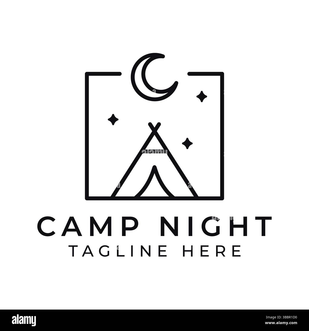 Logo Camp Night Scene per il badge Business Outdoor e Vacation Line Illustration Illustrazione Vettoriale