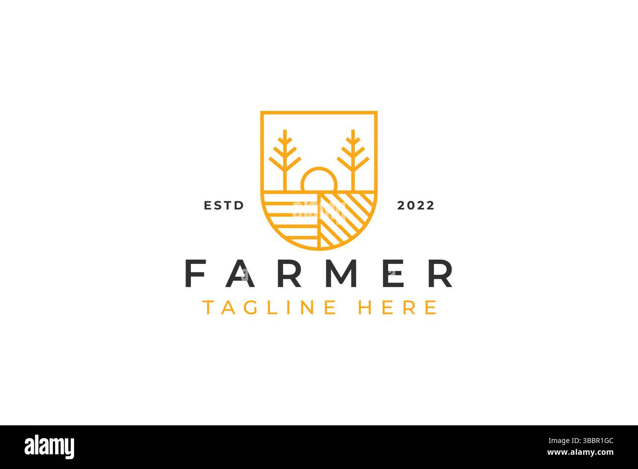Illustrazione del logo del villaggio di Farm Field, Sunrise e Tree on Shield Shape. Logo vintage. Illustrazione Vettoriale
