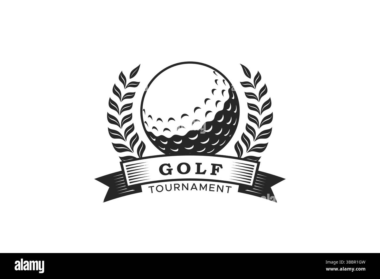 Torneo di golf con logo, campionato di allenamento, club, squadra e campionato con distintivo retro stile corona e nome banner. Illustrazione Vettoriale