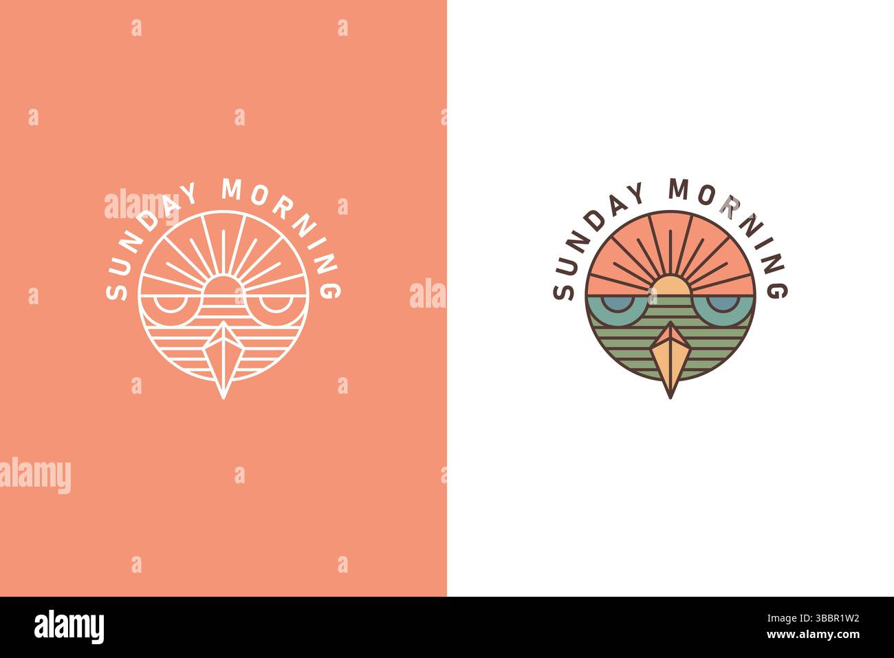 Illustrazione astratta del concetto del logo Sunrise e Owl sulla forma circolare. Vintage Creative Branding Design domenica mattina. Illustrazione Vettoriale