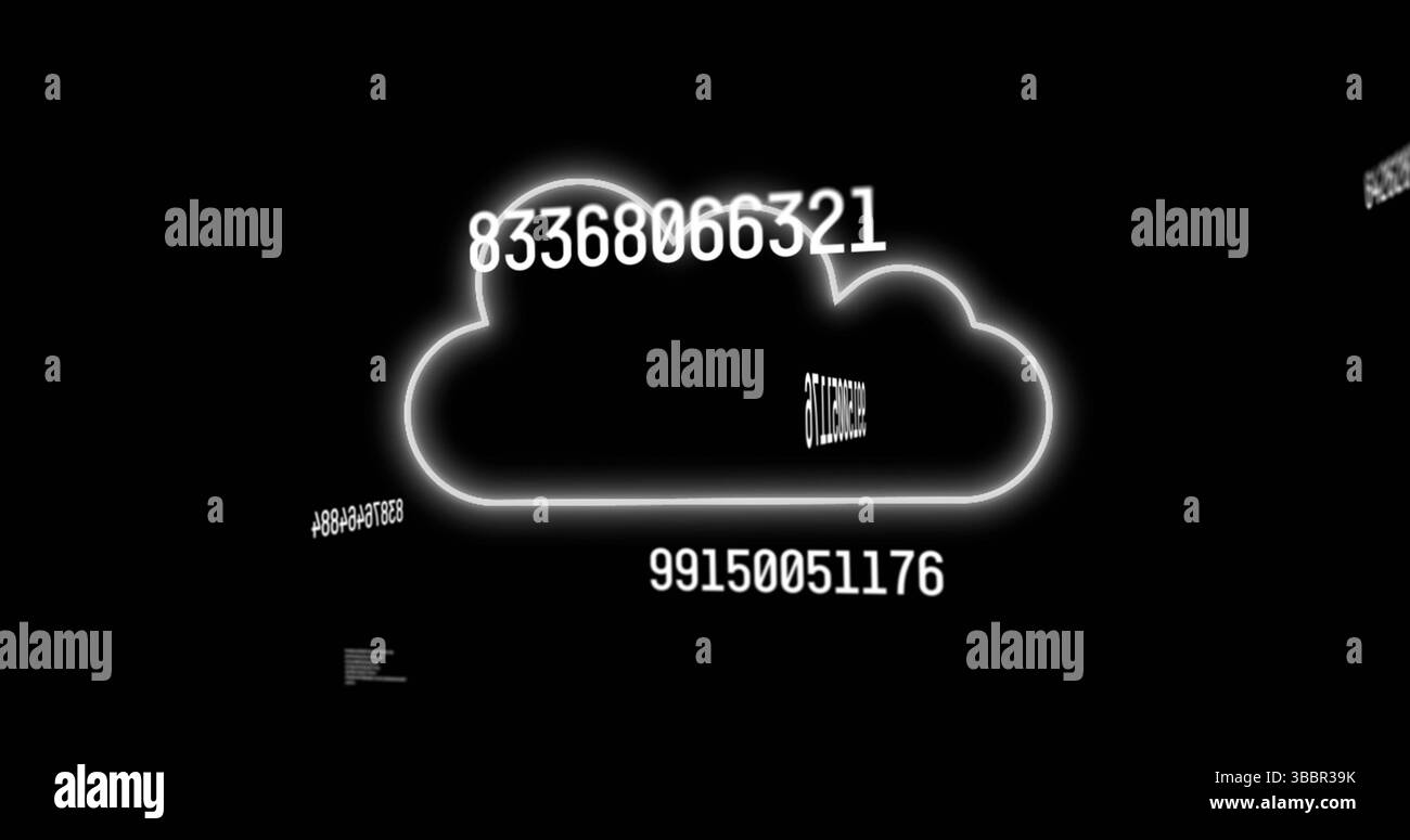 Immagine della caduta di numeri sulle icone delle nuvole su sfondo scuro Foto Stock