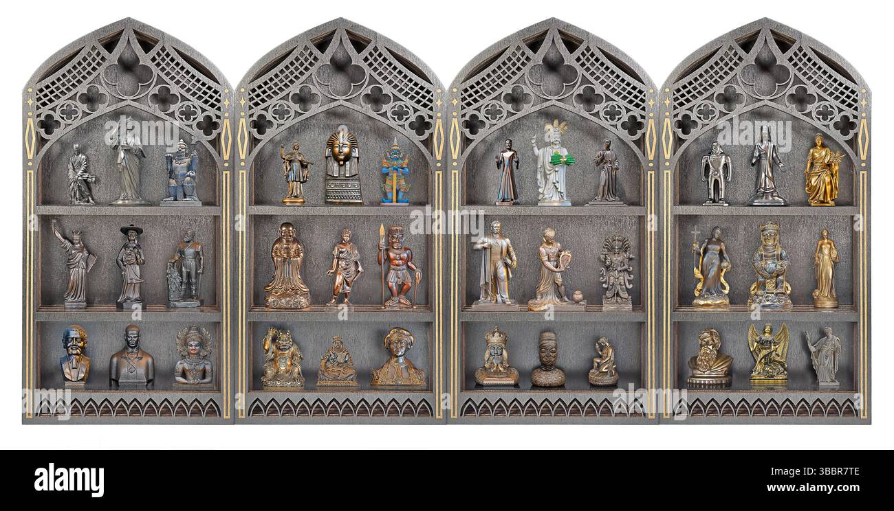 Libreria in legno decorata con statue che rappresentano paesi di tutto il mondo per mostrare come andare d'accordo con gli altri Foto Stock