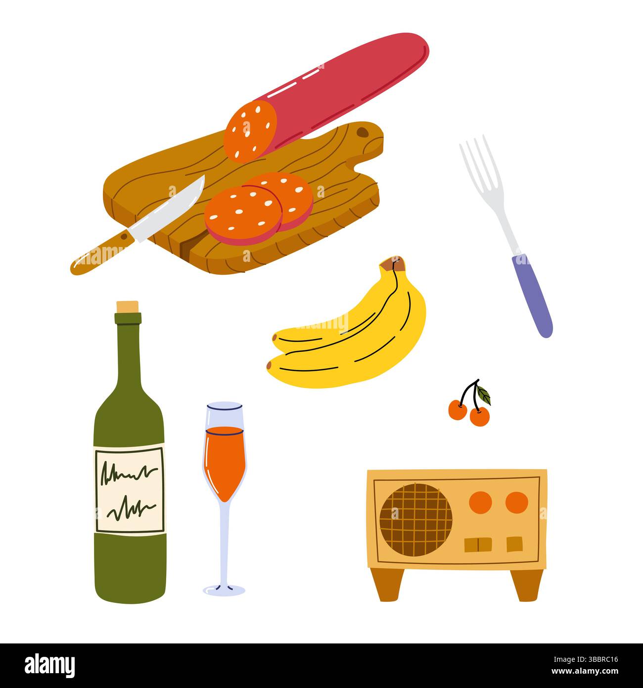 Disposizione colorata di cibo e bevande su un tavolo durante un incontro informale Illustrazione Vettoriale