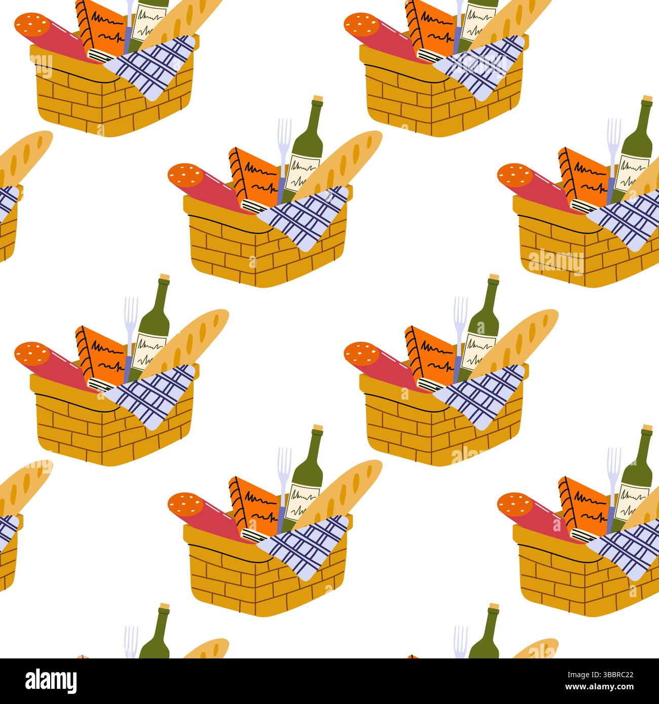 Cestino da picnic colorato con vari tipi di pane e vino, ideale per riunioni all'aperto Illustrazione Vettoriale