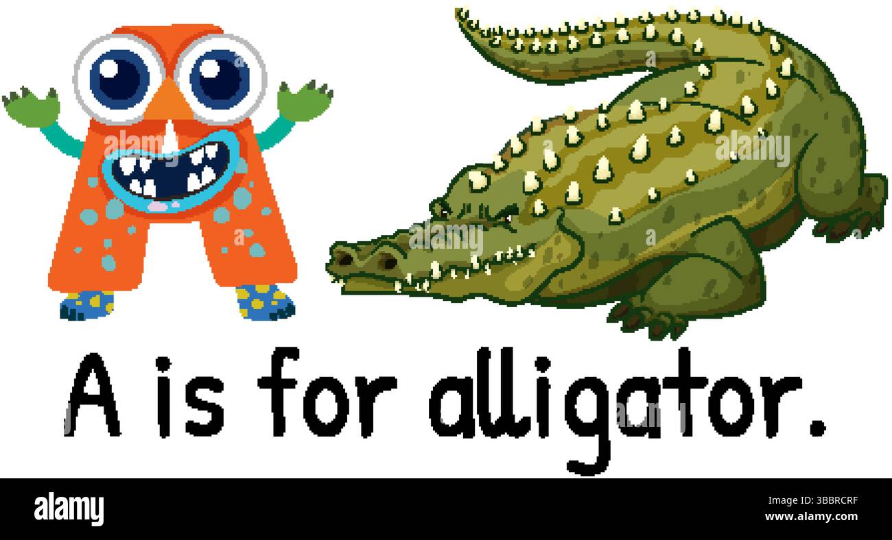 Illustrazione vettoriale colorata della lettera A con un alligatore, ideale per materiali didattici e libri per bambini Illustrazione Vettoriale