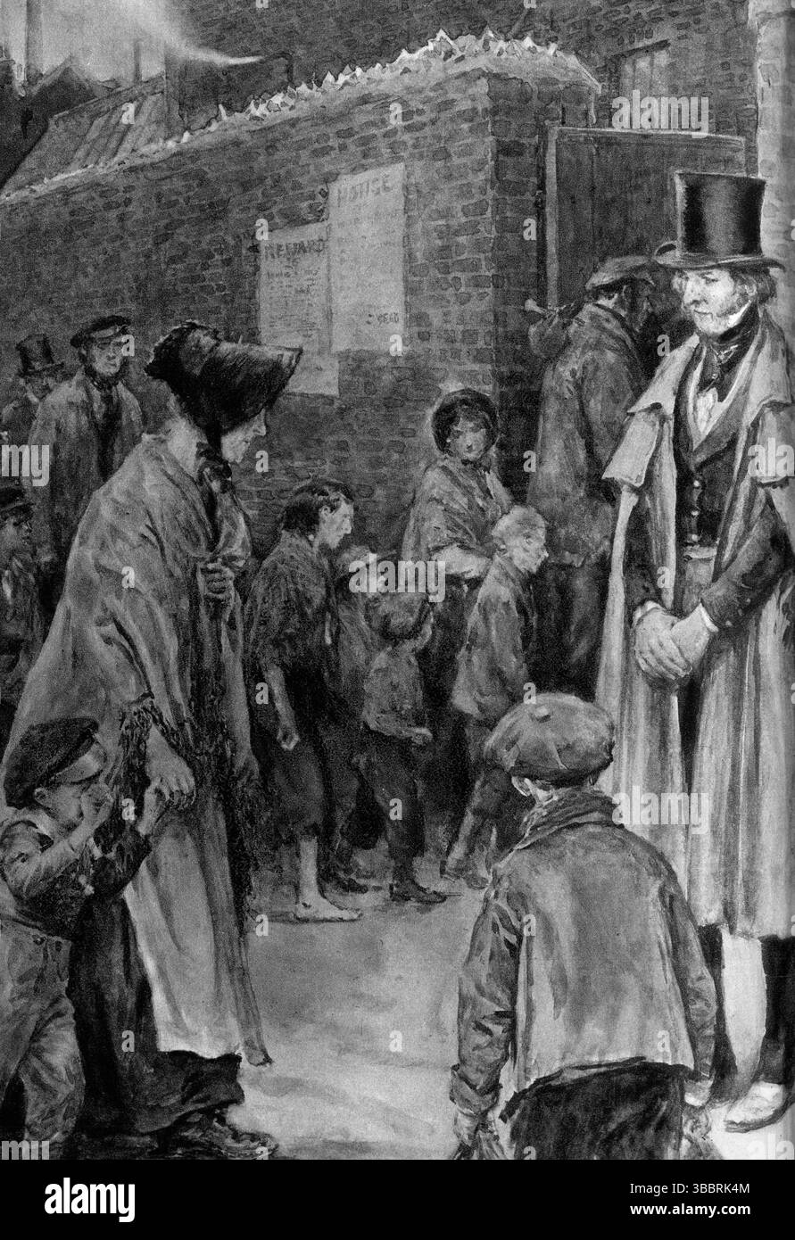 Chadwick contempla il futuro dei bambini che andranno al lavoro. Sir Edwin Chadwick KCB (1800 – 1890) è stato un riformatore sociale inglese noto per la sua leadership nella riforma delle leggi povere in Inghilterra e nell'istituzione di importanti riforme in materia di servizi igienico-sanitari urbani e sanità pubblica. Foto Stock