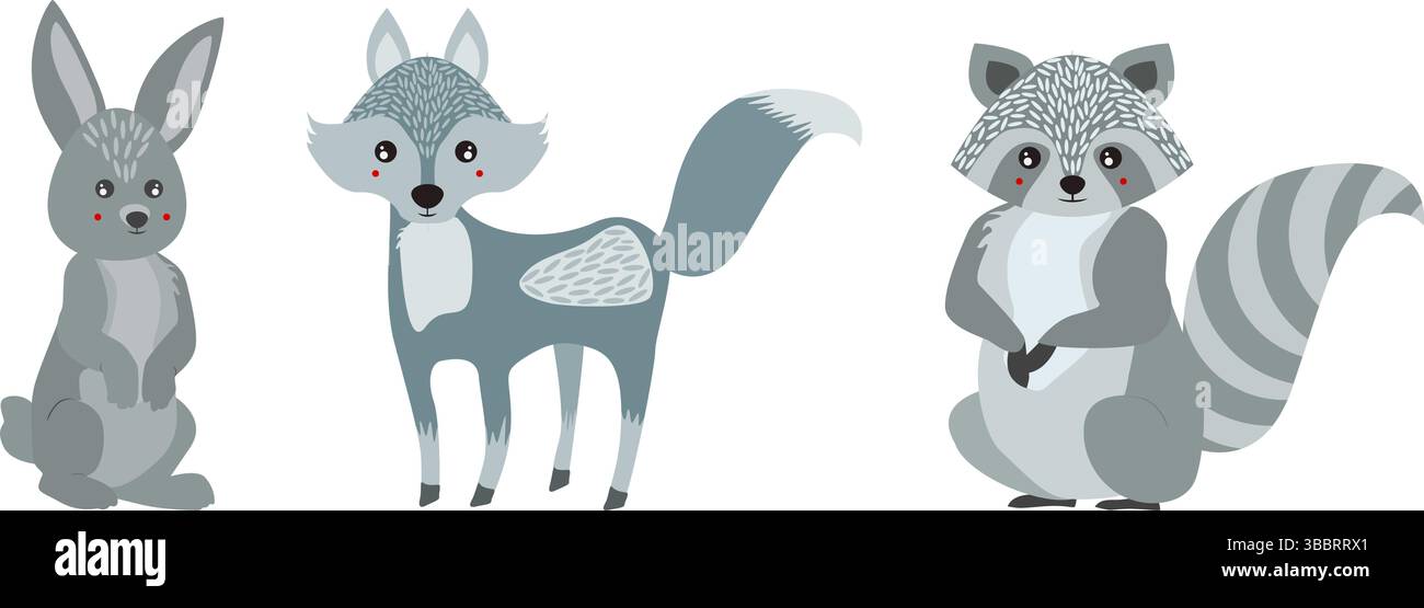 Simpatici animali selvatici vettoriali di volpe, conigli e procione per la stagione invernale. Illustrazione Vettoriale