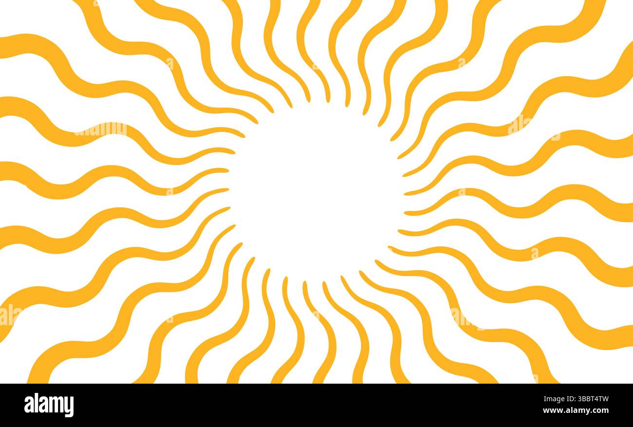 Sfondo dei raggi solari gialli. Raggi ondulati in stile gotico. Poster abstract Sun burst. Consistenza psichedelica. design anni '70, '80. Linee d'onda radiali. Vettore Illustrazione Vettoriale