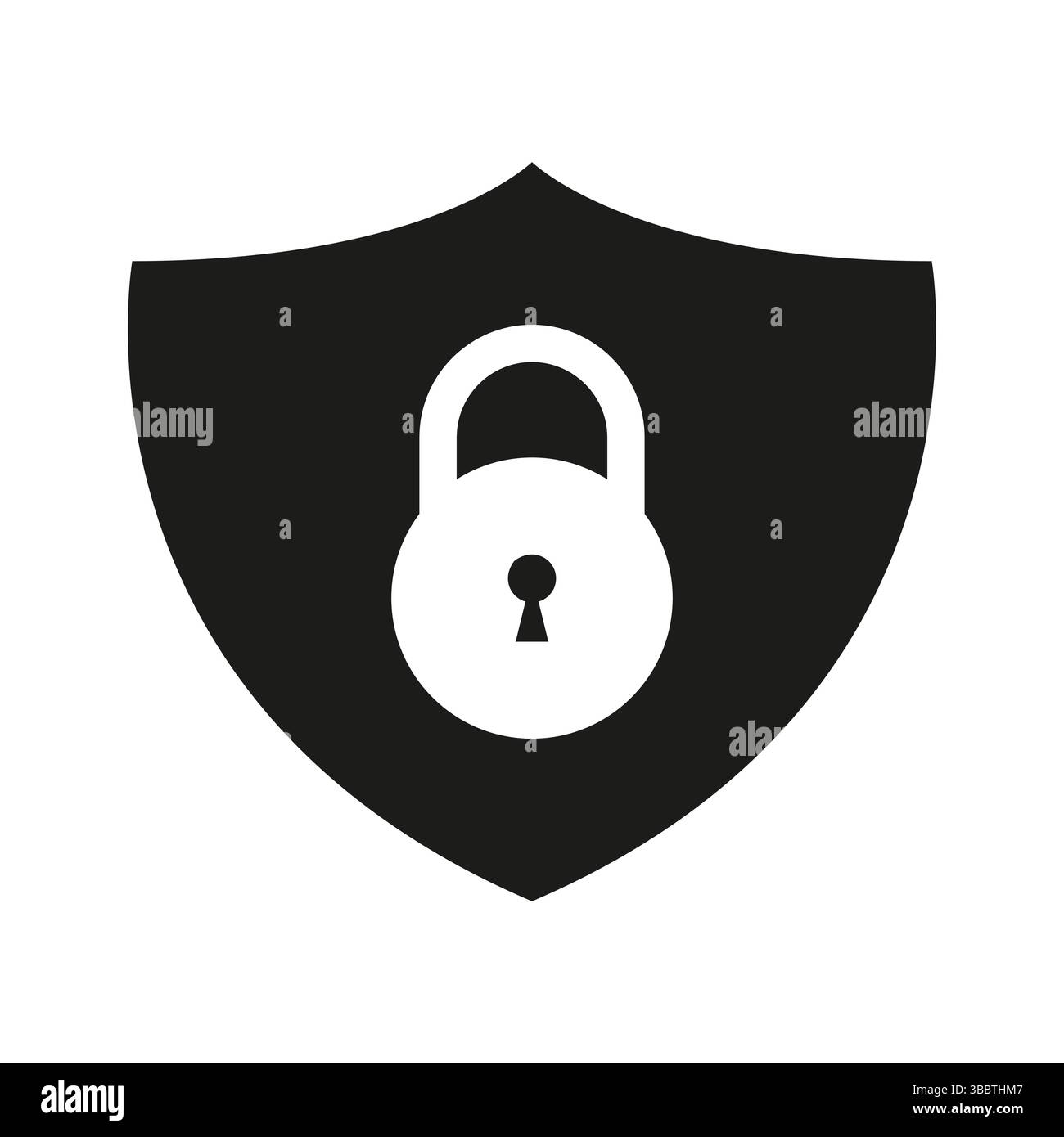 scudo nero con simbolo di lucchetto bianco che rappresenta l'icona di protezione dei dati e privacy Illustrazione Vettoriale