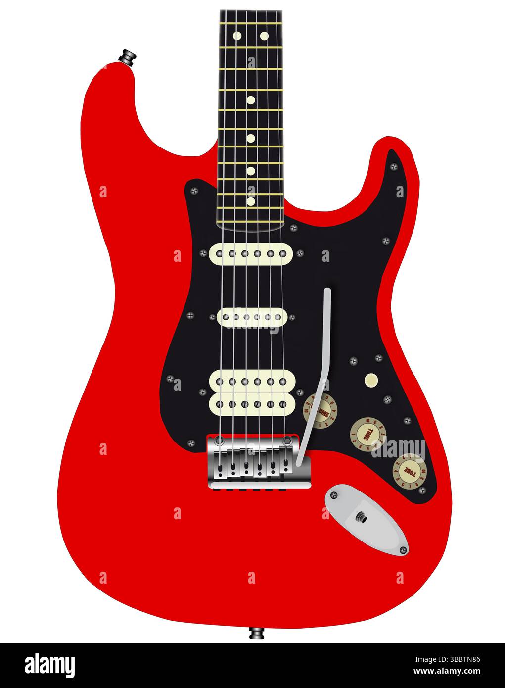 Una tipica chitarra elettrica rossa completa di sistema tremolo. Foto Stock
