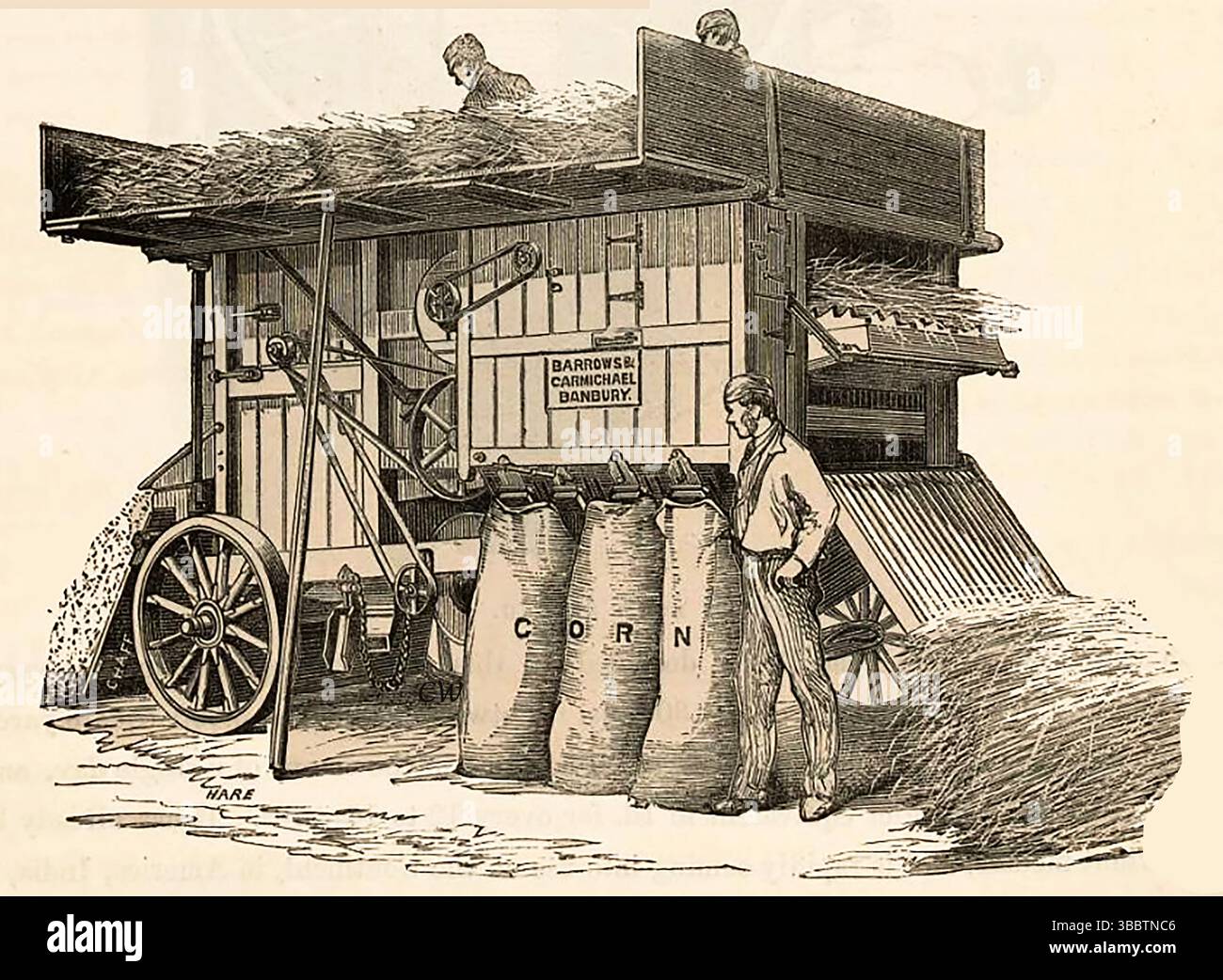 Un annuncio degli anni '1890 per Barrows & Carmichael (di Banbury) Combine corn processor , paglia e spargipaglia. L'azienda produsse anche motori a vapore portatili e fissi, trebbiatrici e macchine per aratura a vapore Foto Stock