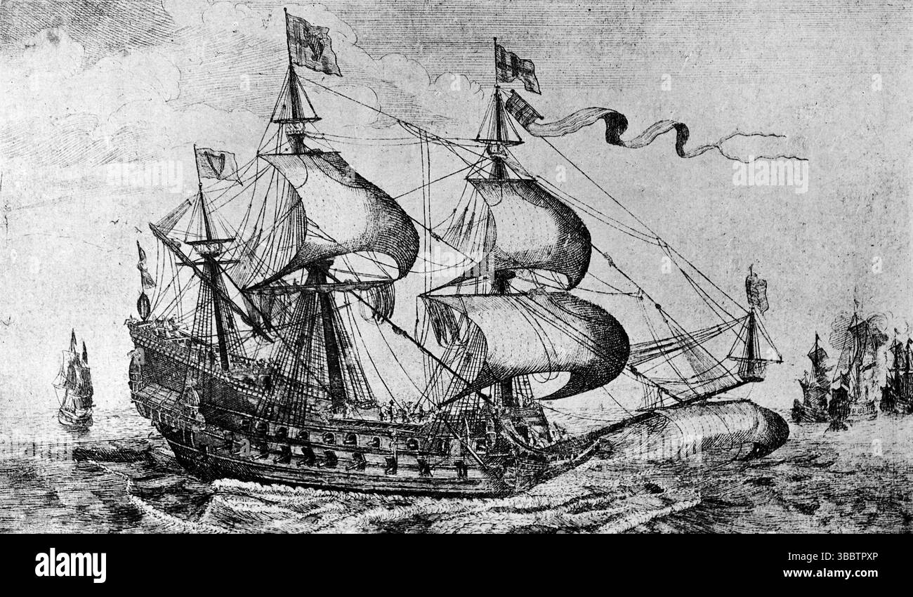 L’uomo della guerra di Cromwell The London, verso la metà del XVII secolo. La London era una nave da guerra costruita durante il periodo del Commonwealth sotto Oliver Cromwell. Faceva parte della Commonwealth Navy, che si espanse in modo significativo durante il governo di Cromwell. La nave era un uomo di guerra di seconda classe, il che significa che era pesantemente armata ma non grande come le navi ammiraglie di prima classe. Da una fotografia stampata pubblicata per la prima volta nel libro: Londons of the British Fleet, di John Lane, The Bodley Head nel 1908, e scritta da Edward Fraser. Foto Stock