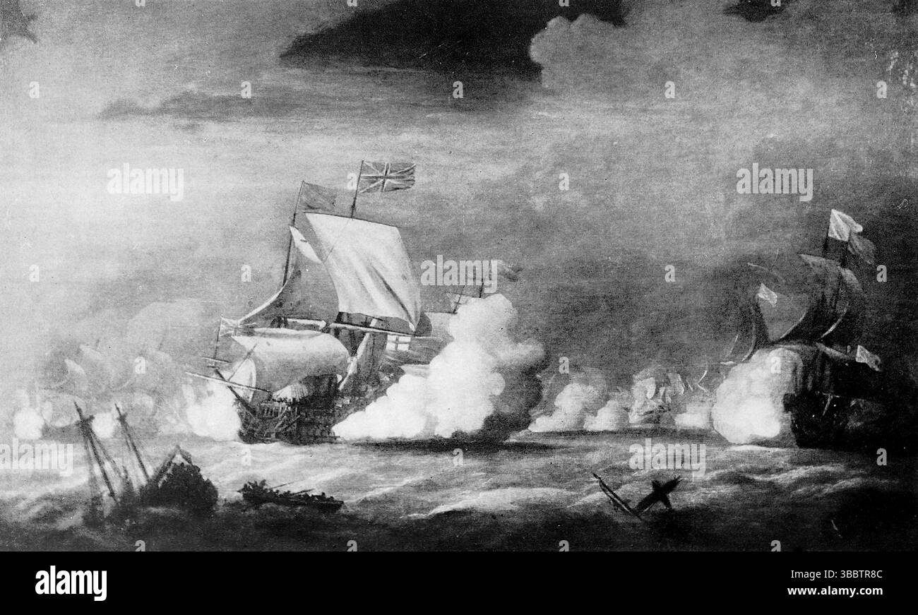 La Londra, come nave ammiraglia di H.R.H. James, duca di York, Lord High Admiral, in azione con De Ruyter nella Battaglia di Solebay, 1672. Da un dipinto di W. Vandevelde. Da una fotografia stampata pubblicata per la prima volta nel libro: Londons of the British Fleet, di John Lane, The Bodley Head nel 1908, e scritta da Edward Fraser. Foto Stock