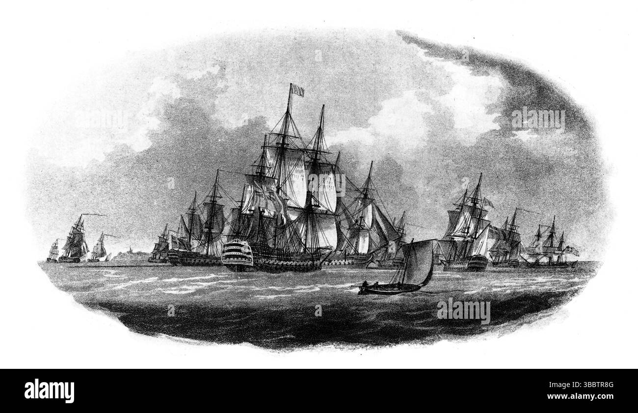 Lo Squadrone Occidentale entrava a Torbay, non datato, XVIII secolo. Il Western Squadron era una formazione della Royal Navy che operava principalmente nel Canale della Manica, negli approcci occidentali e nell'Atlantico settentrionale. Fu formalmente istituito nel 1746 sotto l'ammiraglio Lord Anson, che combinò diversi comandi esistenti in una forza centralizzata. Da una fotografia stampata pubblicata per la prima volta nel libro: Londons of the British Fleet, di John Lane, The Bodley Head nel 1908, e scritta da Edward Fraser. Foto Stock
