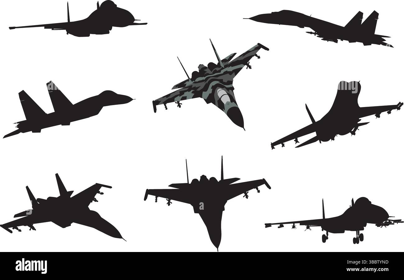 Aerei militari in volo. Collezione di silhouette vettoriali. EPS 8 Illustrazione Vettoriale
