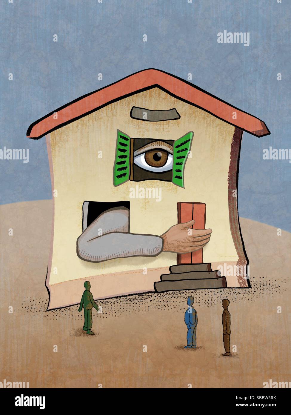 Casa stravagante con un occhio e delle mani che escono dalle finestre. La mano sta sorvegliando la porta della casa. Illustrazione digitale, la mia opera d'arte. Foto Stock