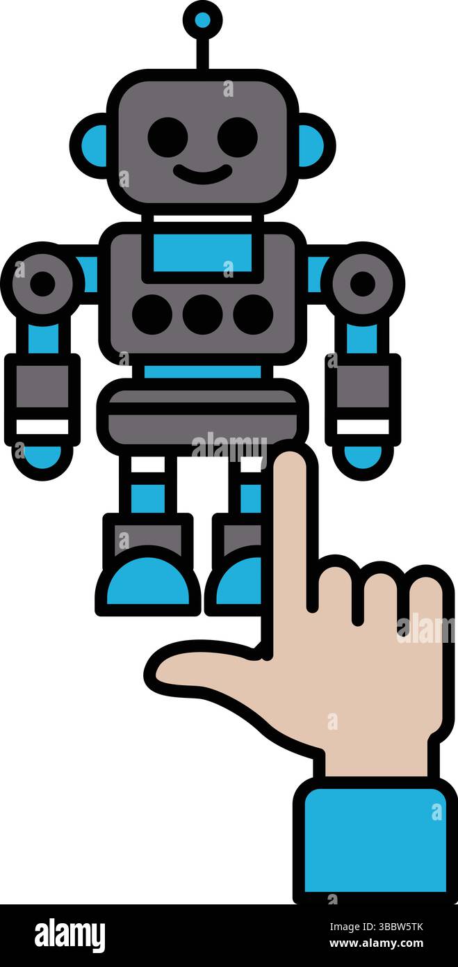 Un robot viene toccato da una mano. Il robot sorride e lui è felice. Concetto di giocosità e interazione tra il robot e la persona Illustrazione Vettoriale Un robot viene toccato da una mano. Il robot sorride e lui è felice. Concetto di giocosità e interazione tra il robot e la persona Illustrazione Vettoriale