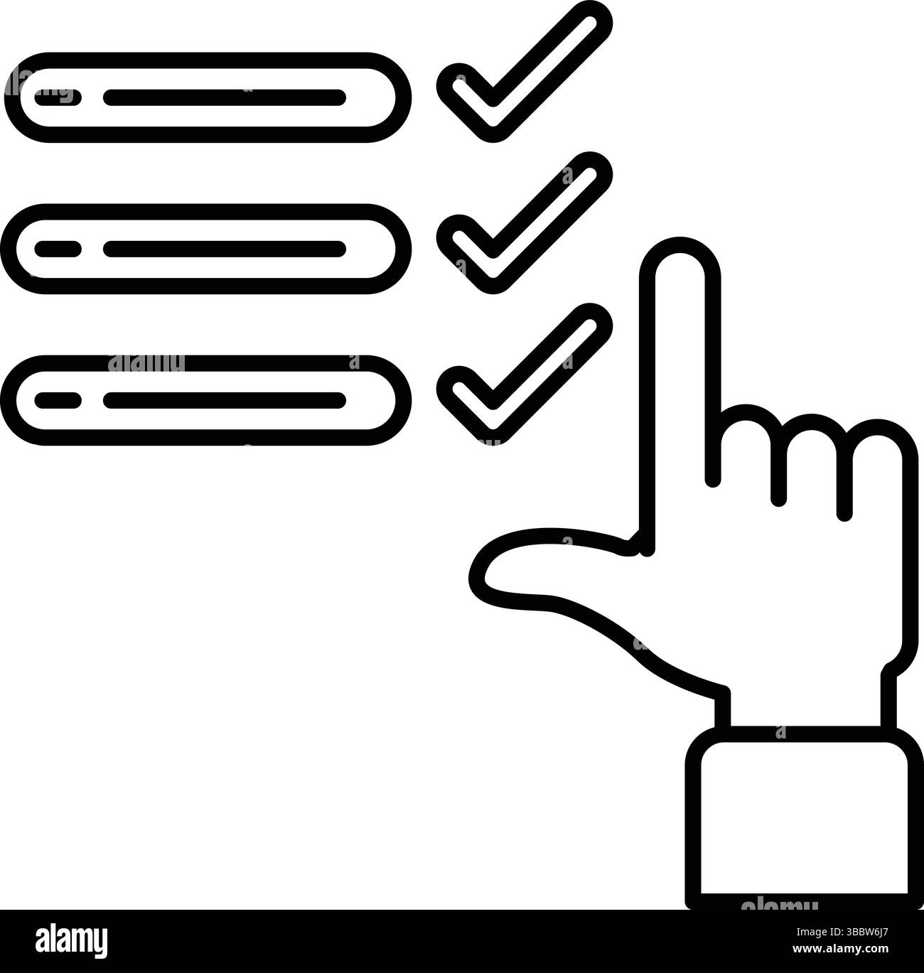 Una mano che indica una casella di controllo con un segno di spunta. Concetto di controllare qualcosa da una lista o da una lista di cose da fare Illustrazione Vettoriale