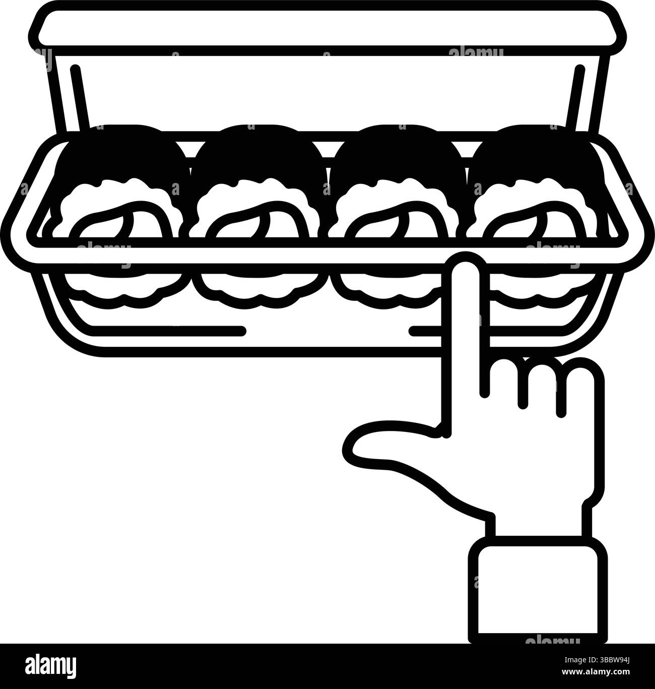 Una mano che punta verso un vassoio di sushi. Il sushi è in un contenitore di plastica ed è disposto in fila Illustrazione Vettoriale