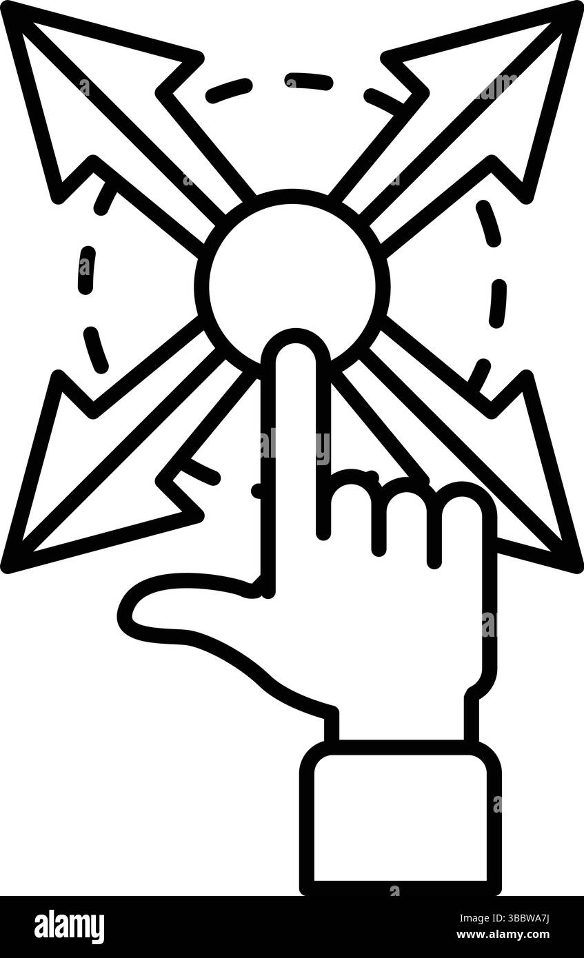 Una mano che punta verso una croce con le frecce. Concetto di pulsante o touch screen che può essere utilizzato per interagire con un dispositivo. La scena è semplice e lineare Illustrazione Vettoriale