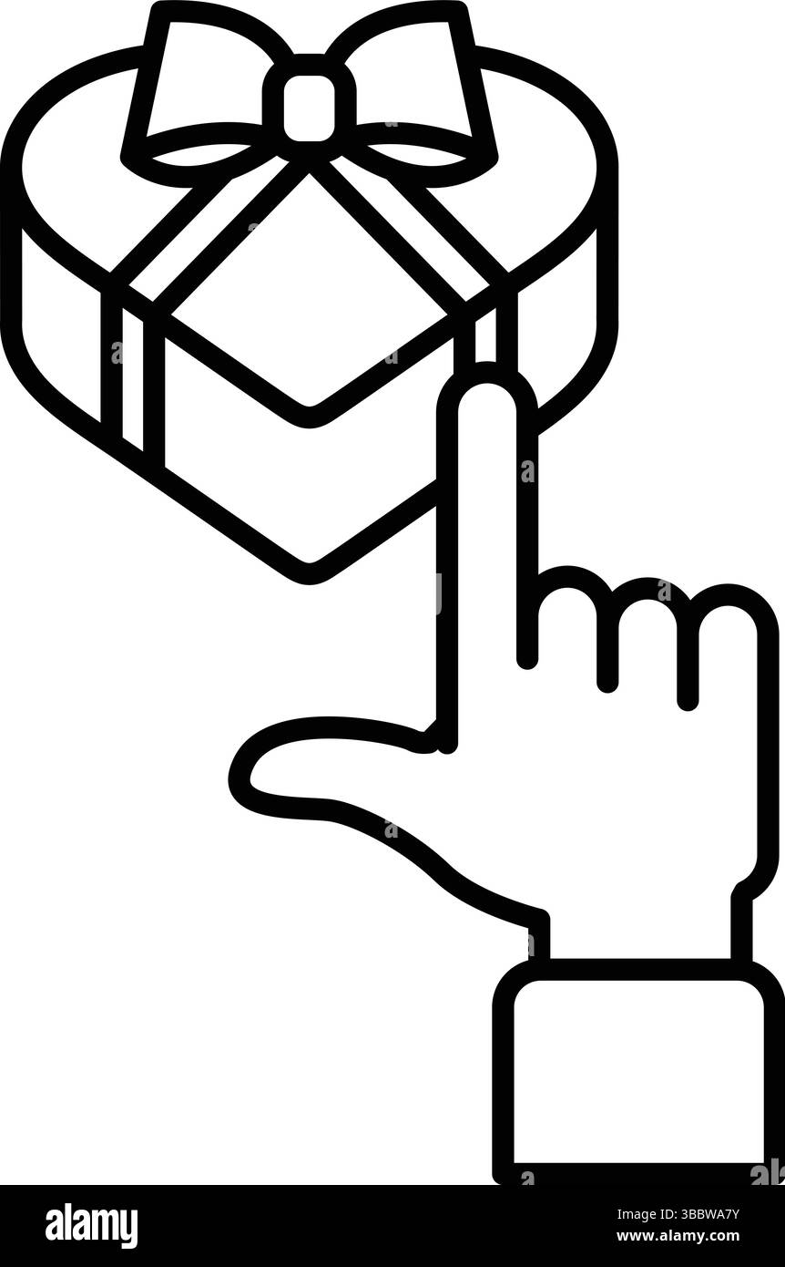 Una mano che punta verso un cuore con un fiocco in cima. Concetto di fare un regalo, possibilmente un regalo, a qualcuno di speciale. Lo schema di colori bianco e nero aggiunge Illustrazione Vettoriale