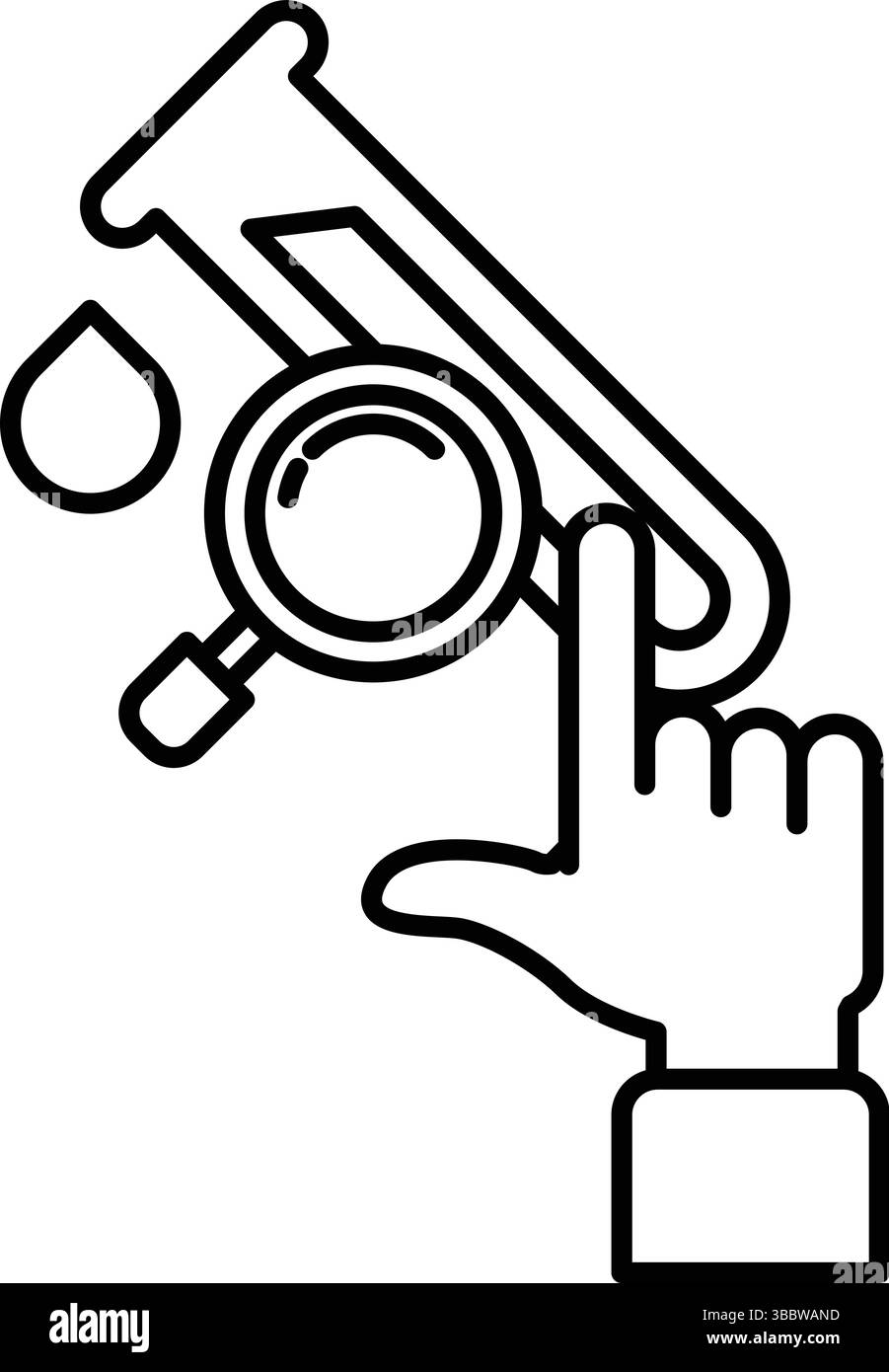 Una mano che punta verso un microscopio. Concetto di esplorazione e scoperta scientifica. La combinazione di colori bianco e nero aggiunge un senso di intramontabilità e di eleganza Illustrazione Vettoriale